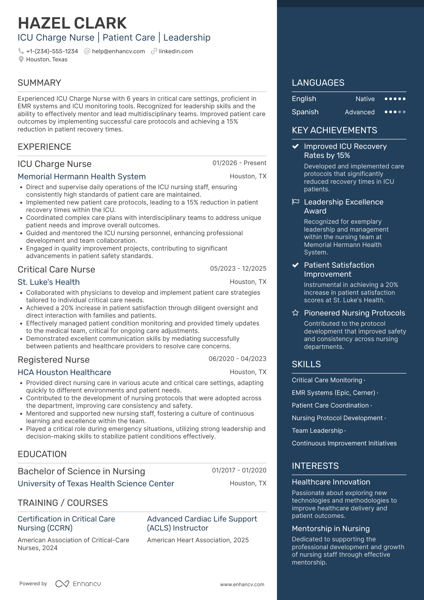 ICU Charge Nurse Resume Example