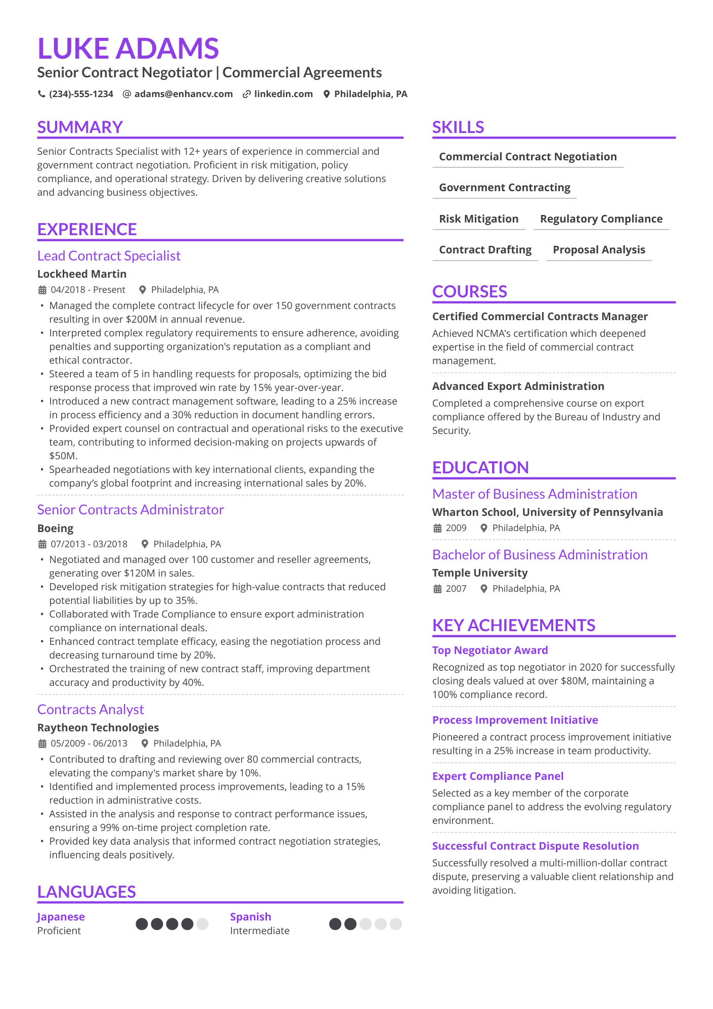 Contracts Manager Resume Example