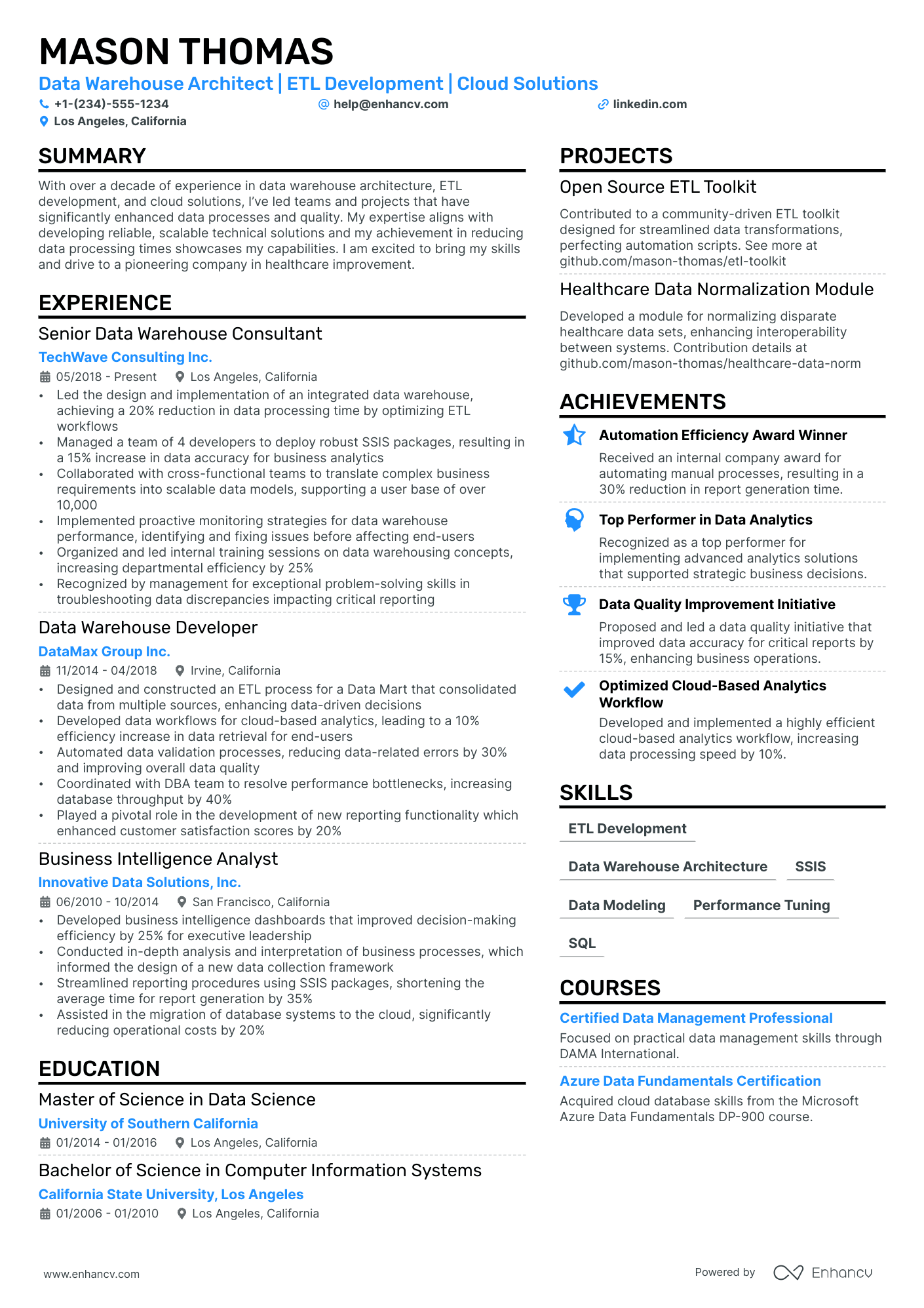 Data Warehouse Architect Resume Example