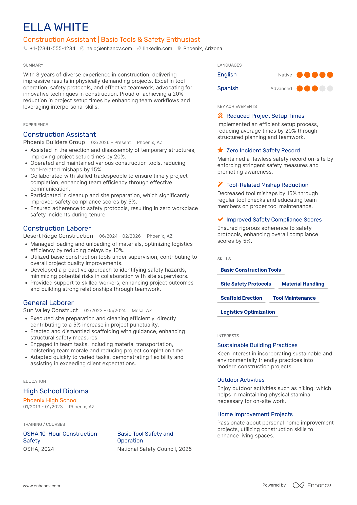 Unskilled Construction Worker Resume Example