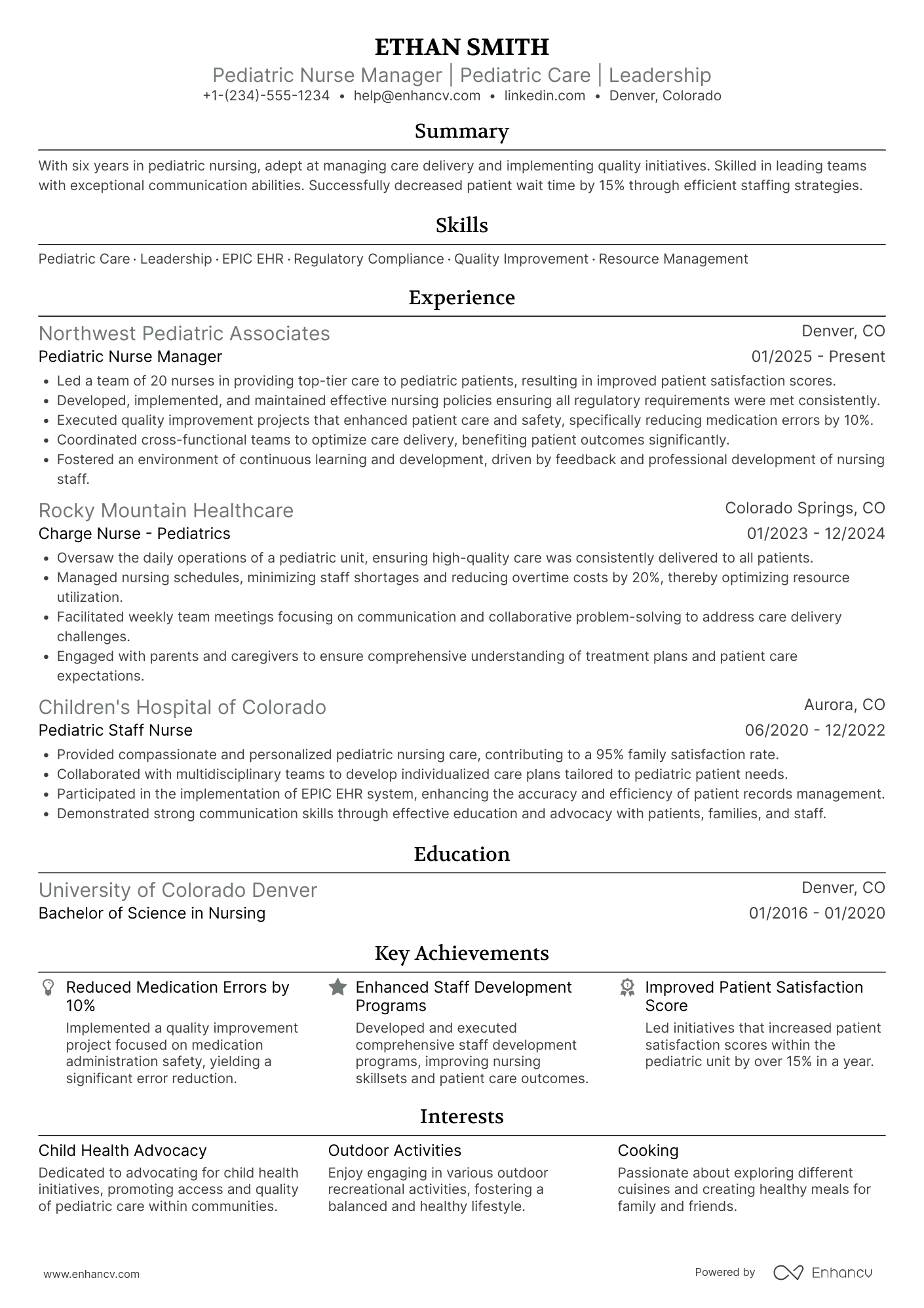 Pediatric Nurse Manager Resume Example