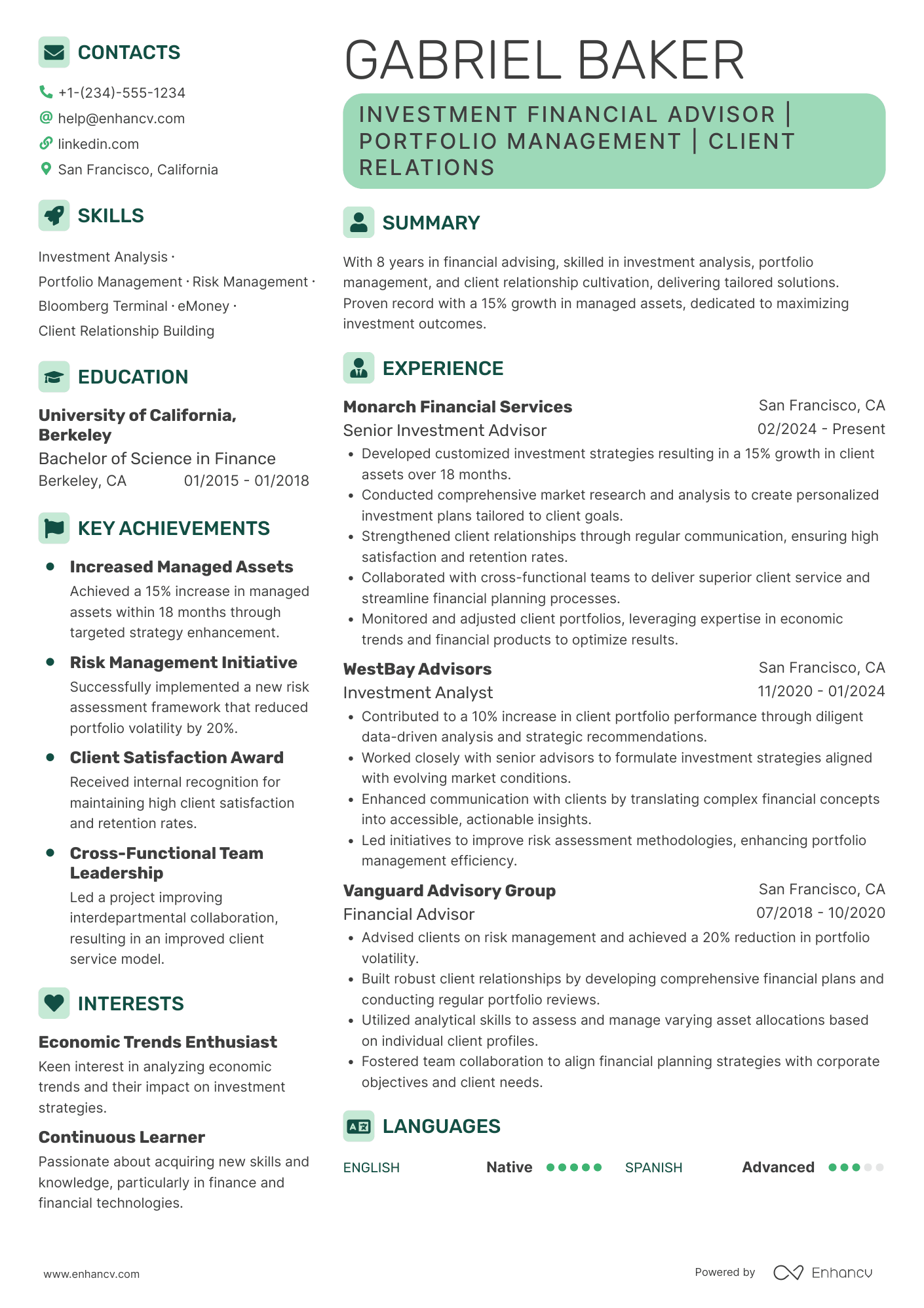 Investment Financial Advisor Resume Example