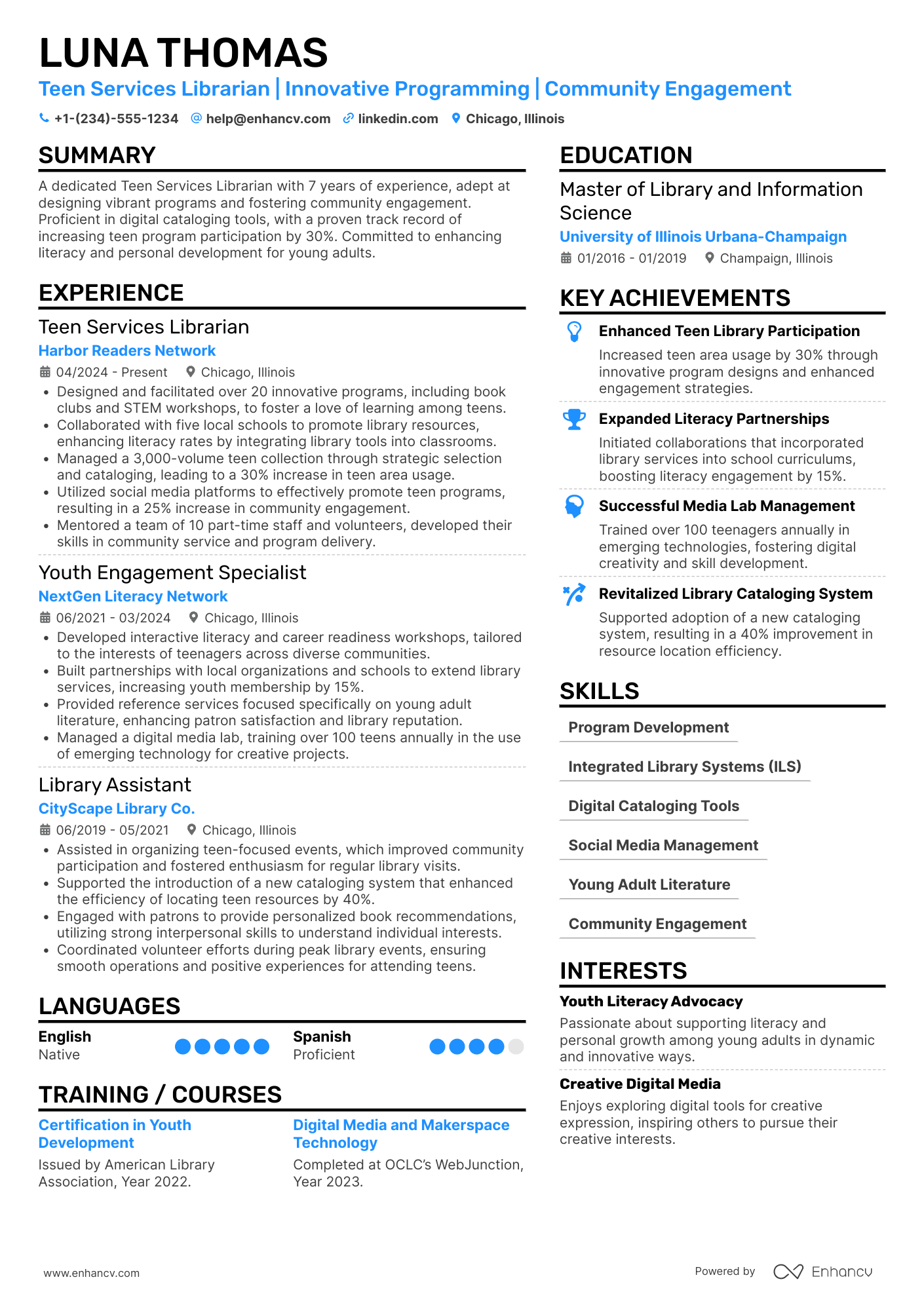 Teen Services Librarian Resume Example