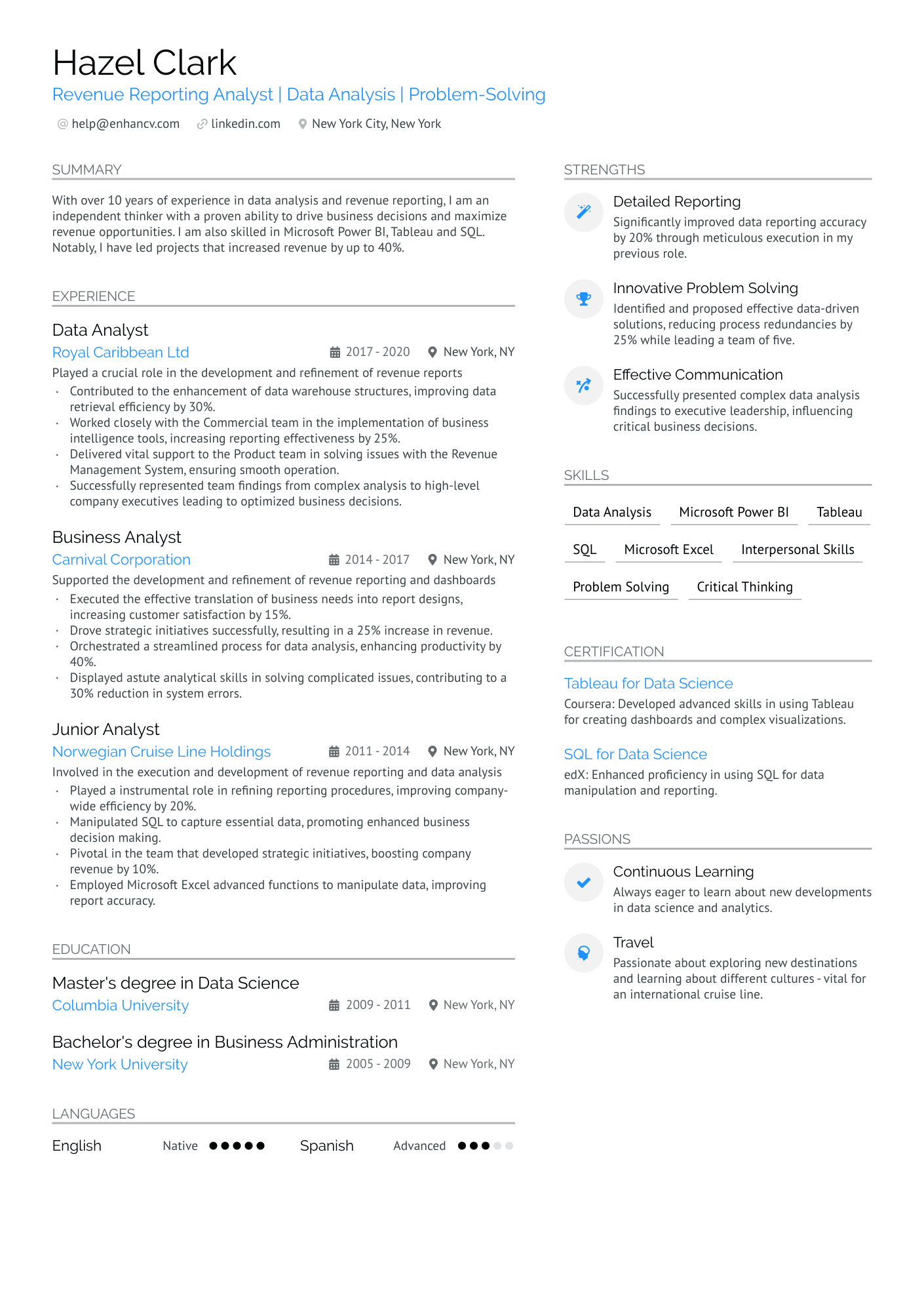 Revenue Reporting Data Analyst Resume Example