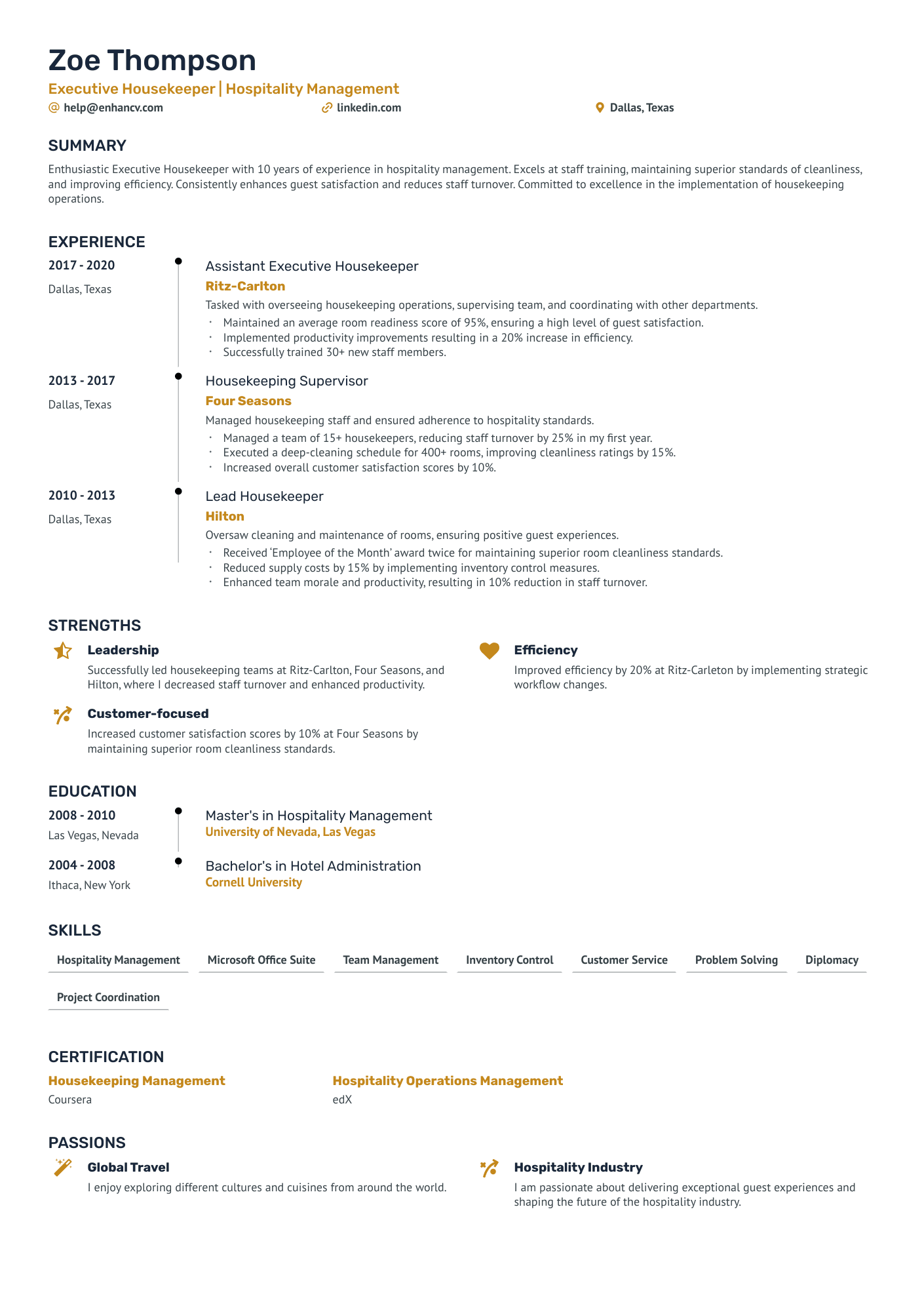 Executive Housekeeper Resume Example