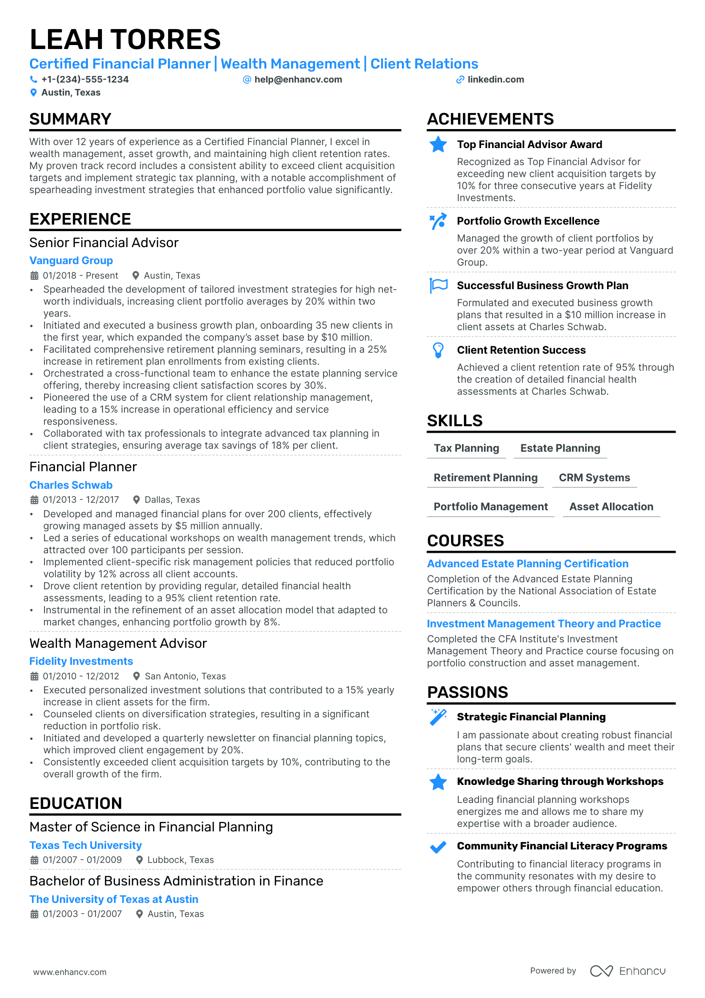 Certified Financial Planner Resume Example