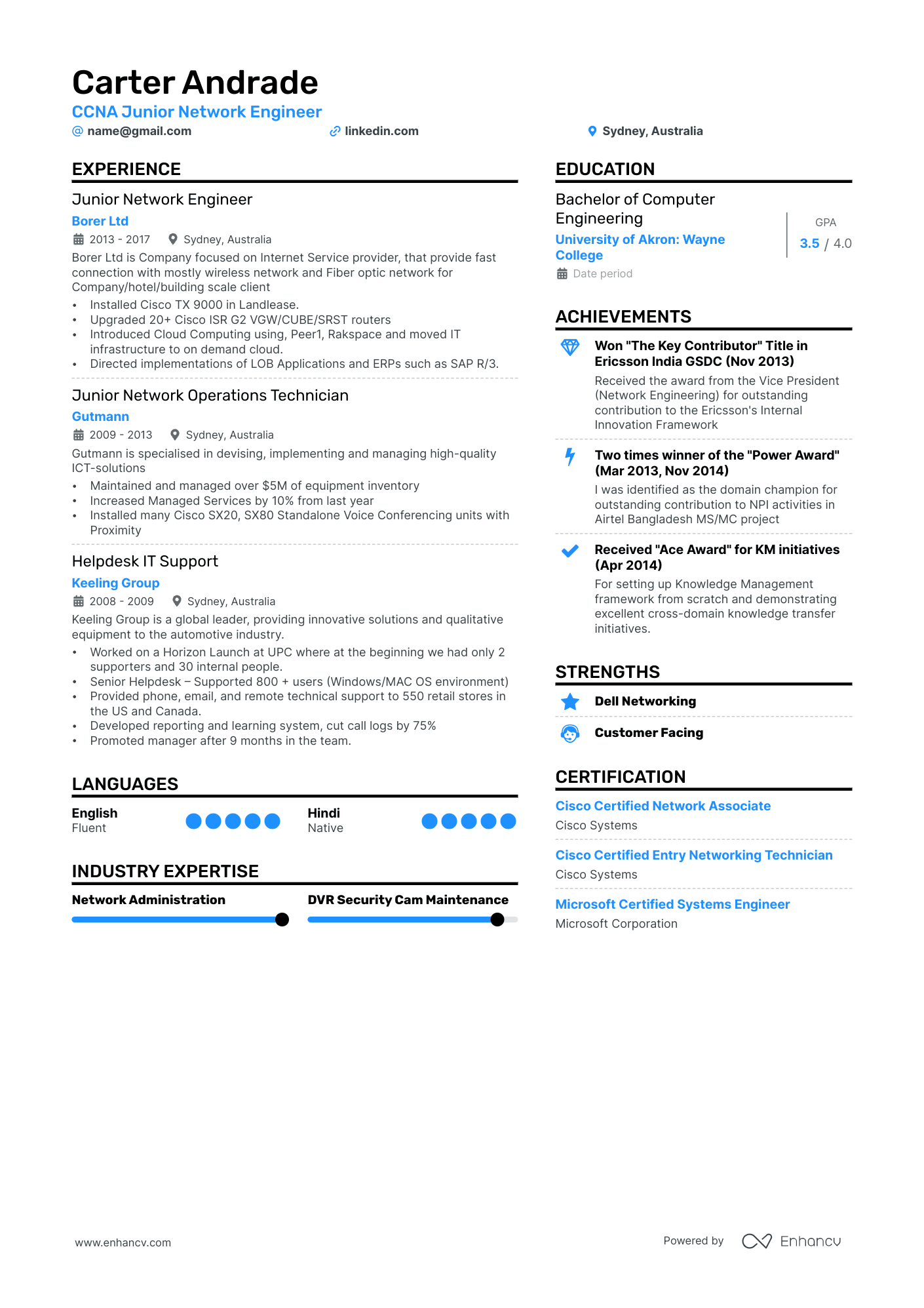 Entry Level Network Engineer Resume Example