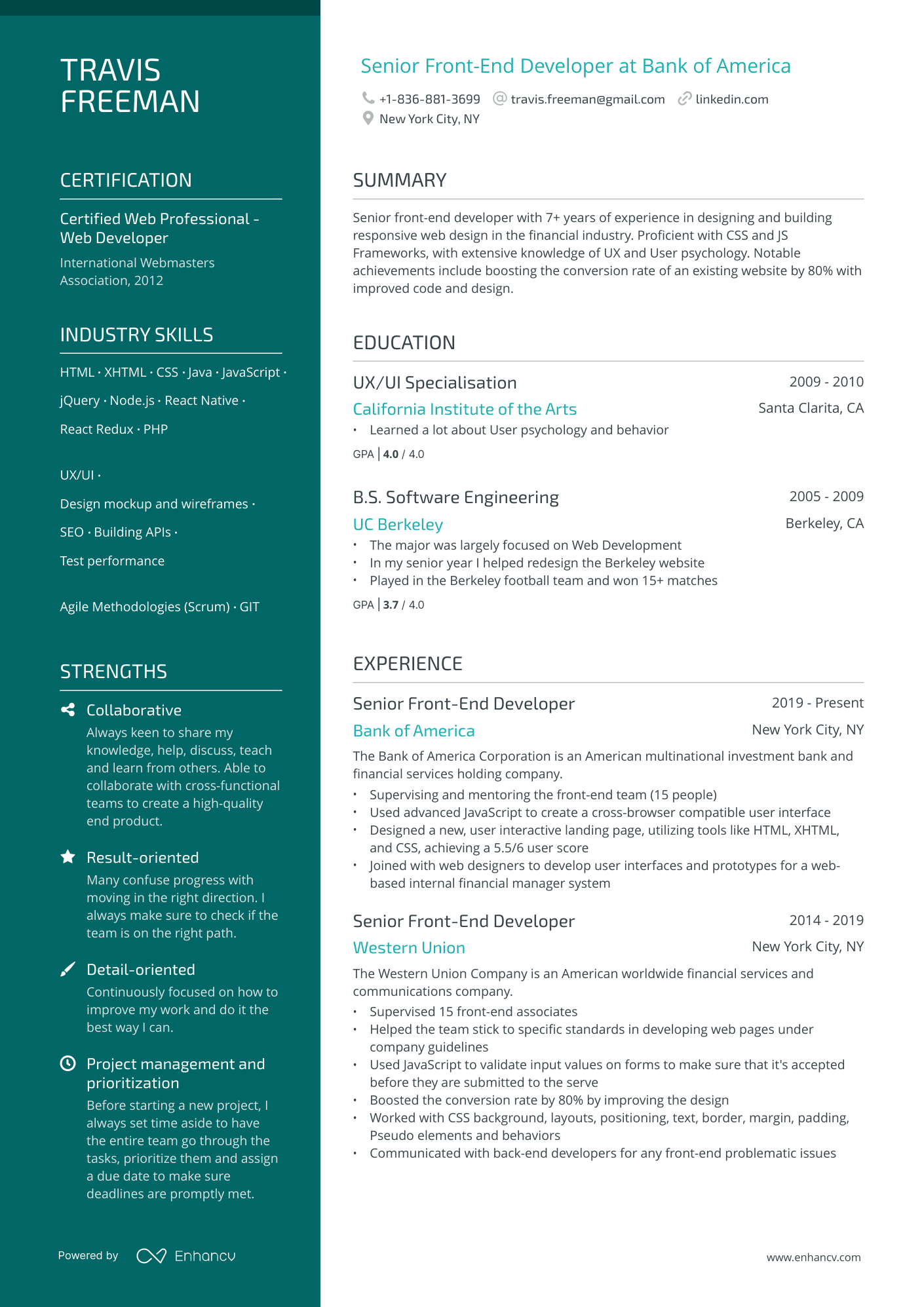 Senior Front End Developer Resume Example