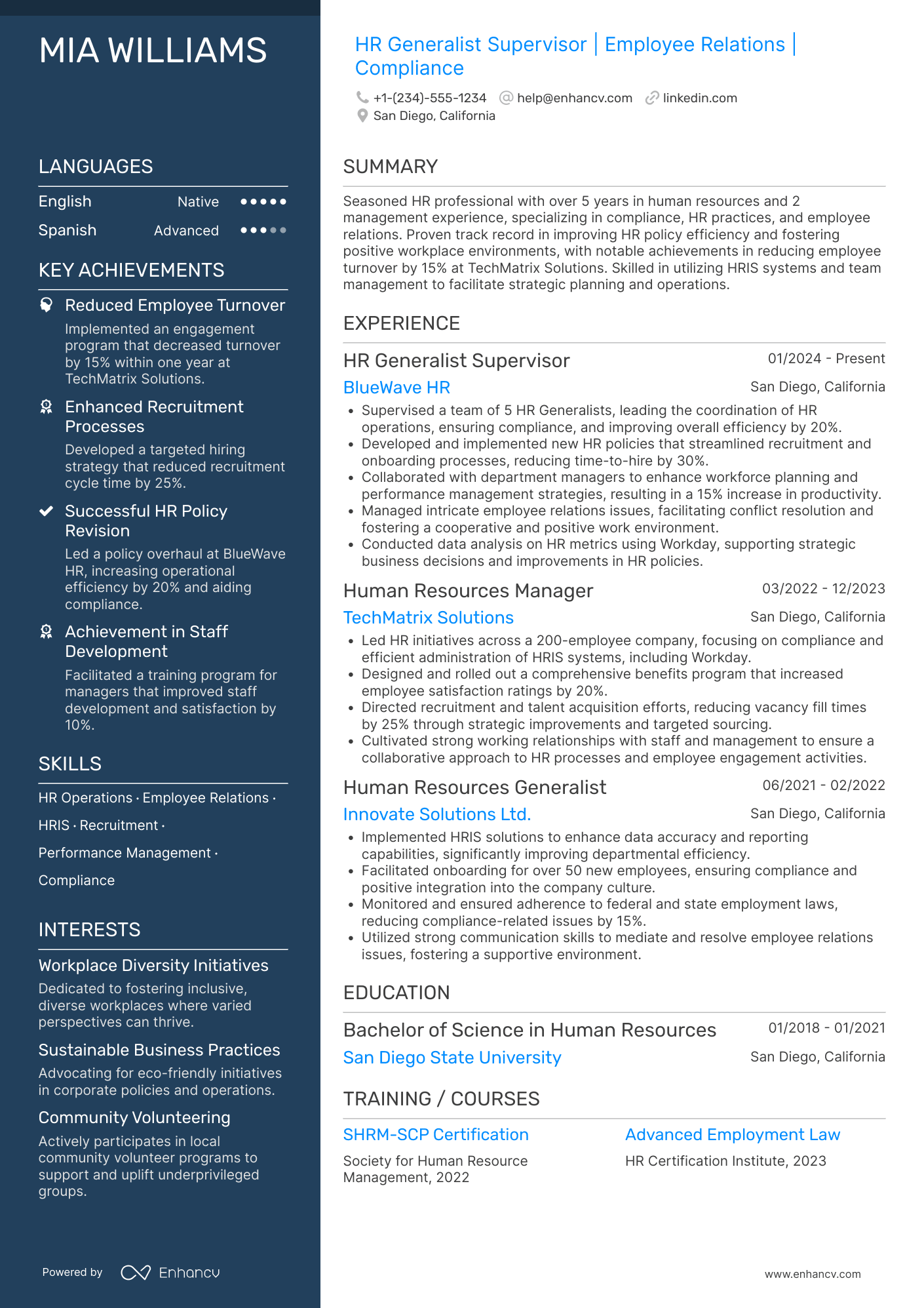 HR Generalist Supervisor Resume Example