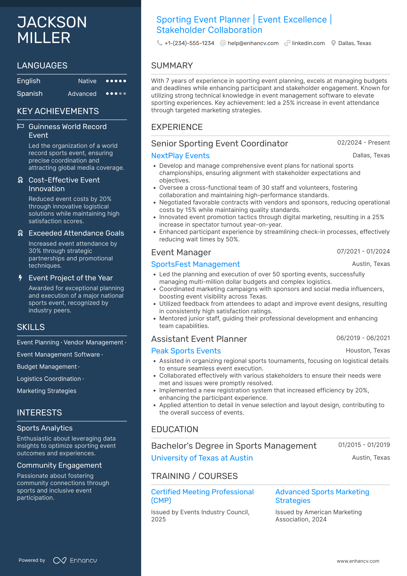 Sporting Event Planner Resume Example