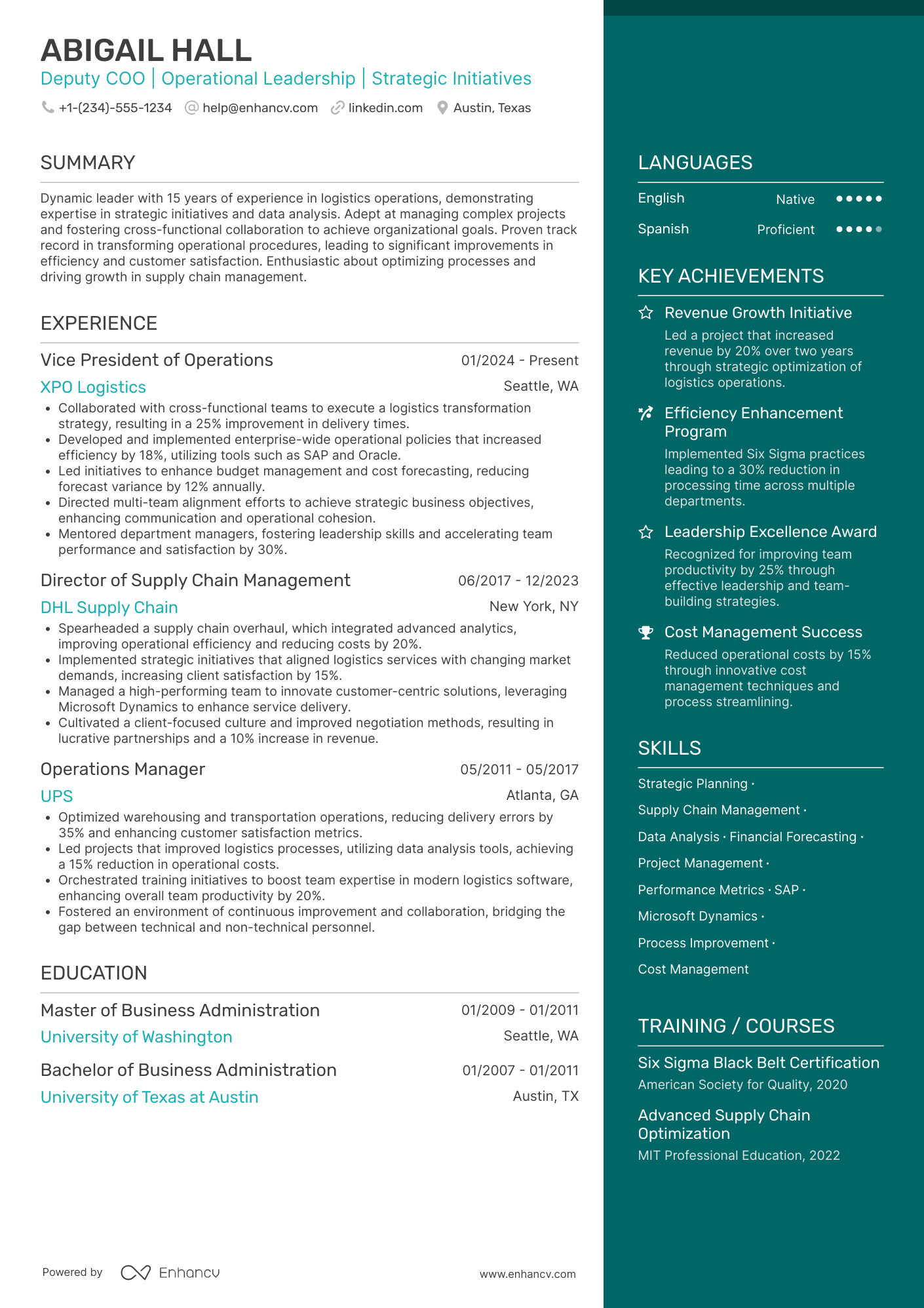 Deputy Chief Operating Officer Resume Example