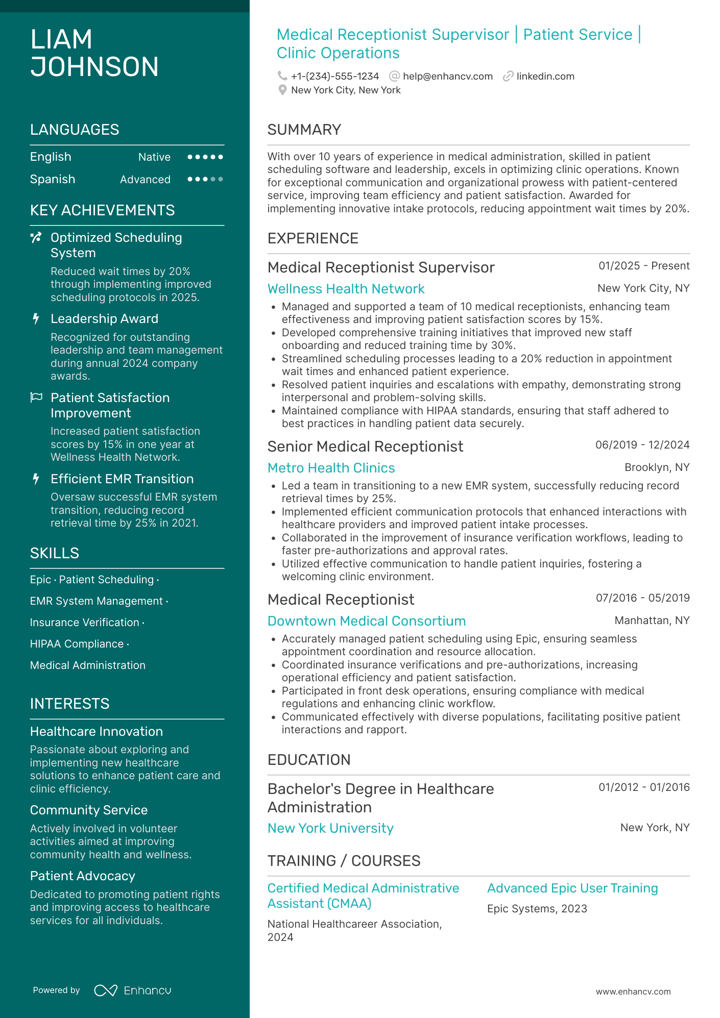 Medical Receptionist Supervisor Resume Example