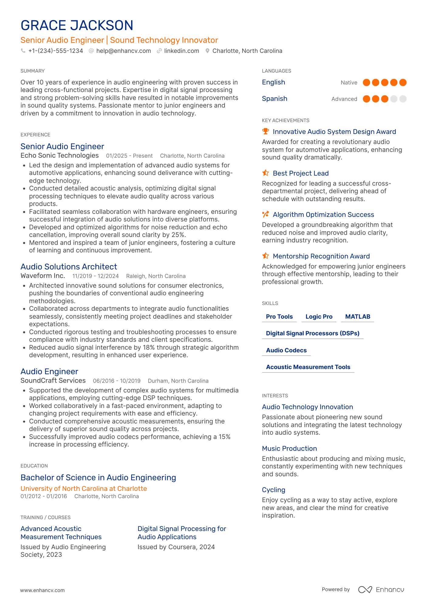 Senior Audio Engineer Resume Example