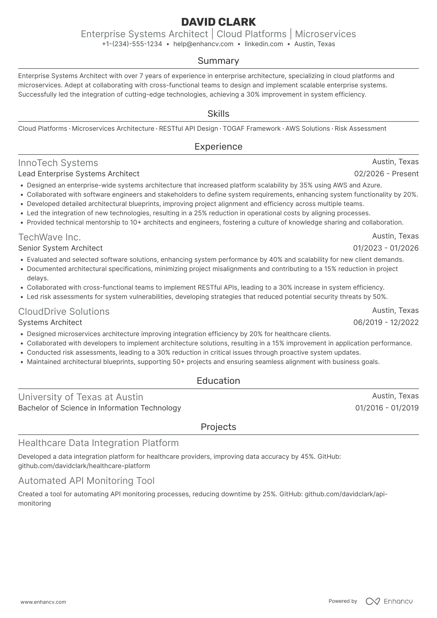 Enterprise Systems Architect Resume Example