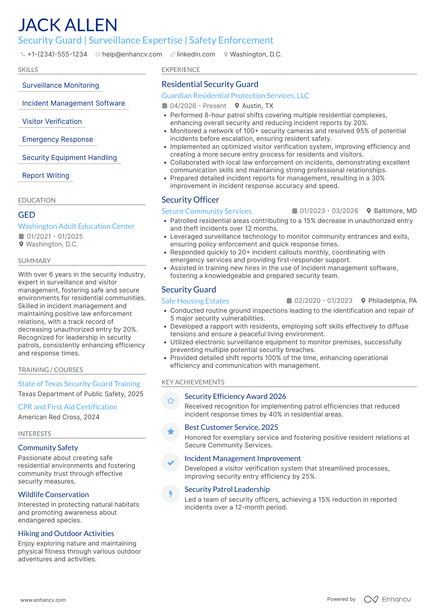 Residential Security Guard Resume Example