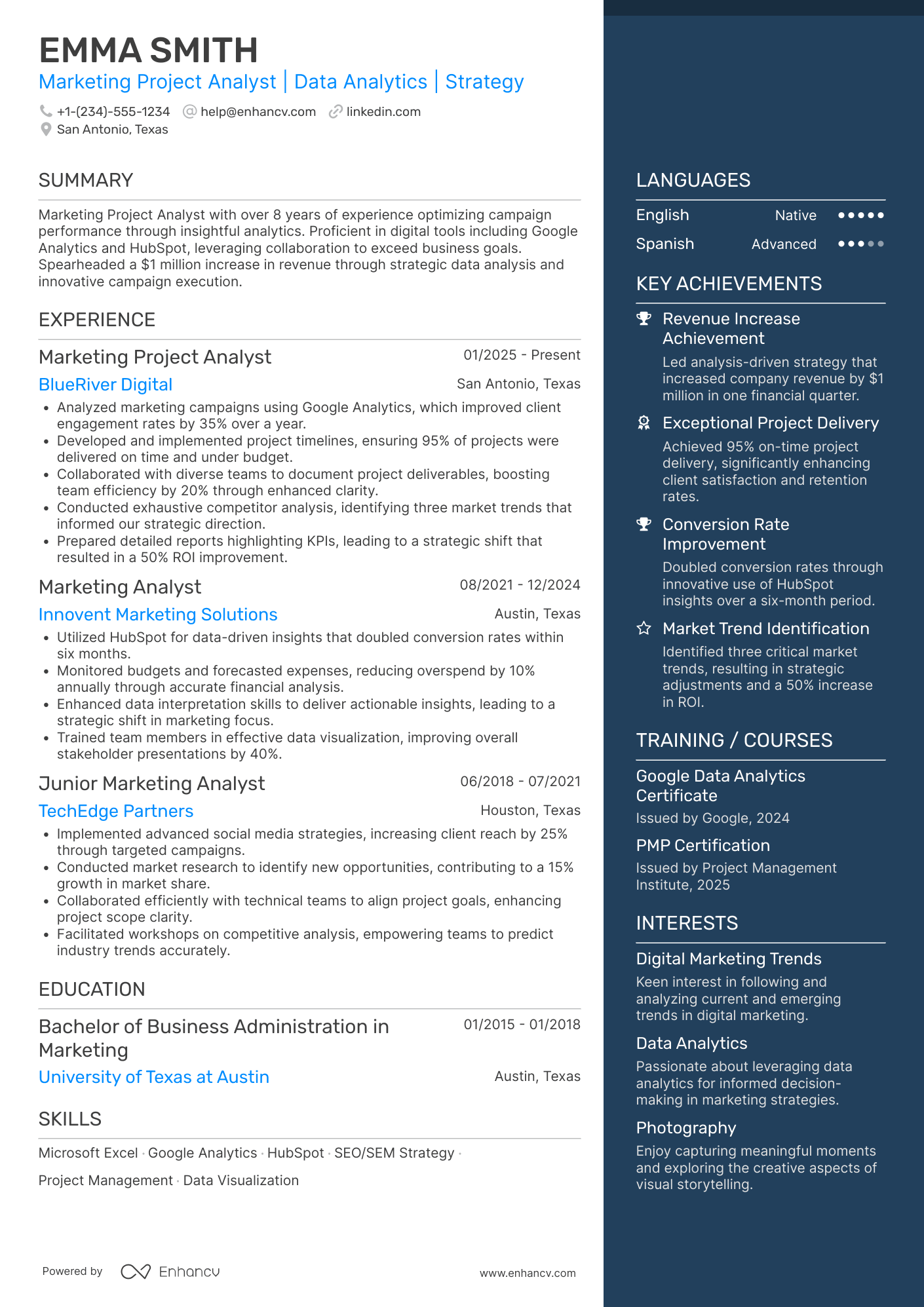 Marketing Project Analyst Resume Example