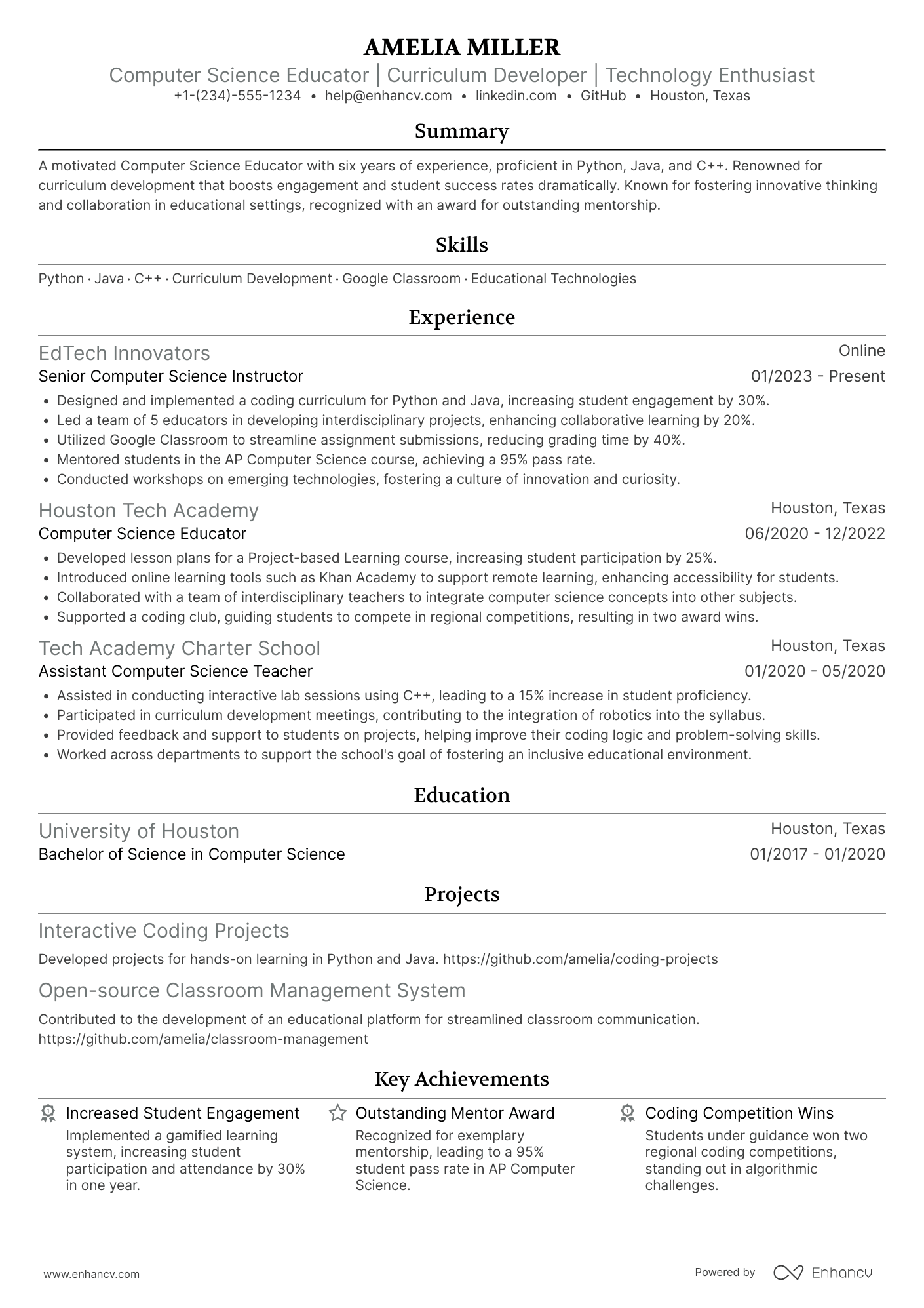 Computer Science Teacher Resume Example
