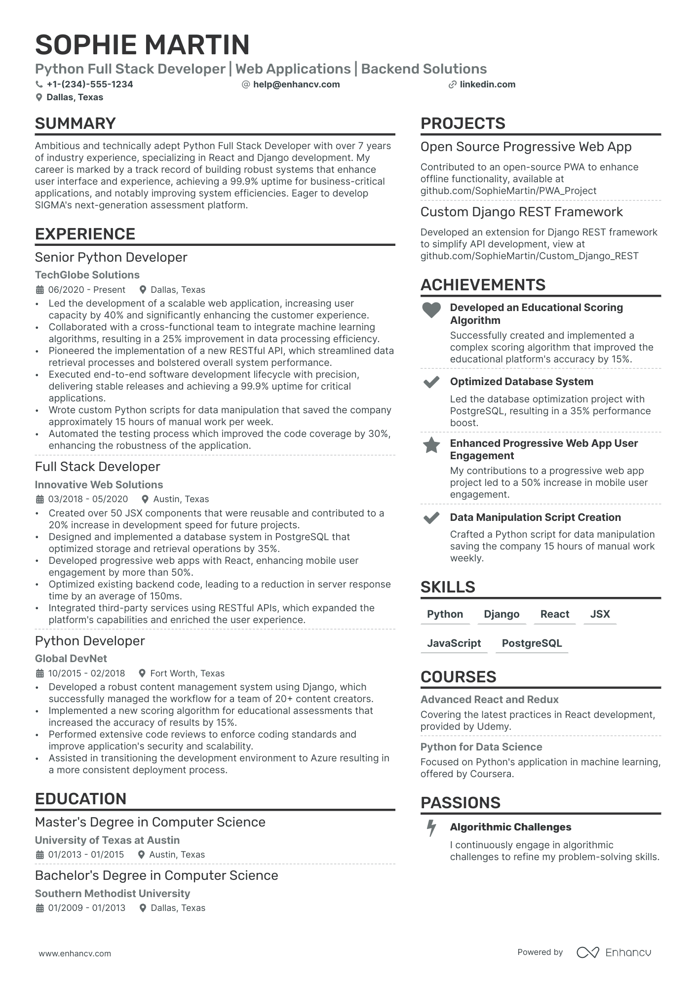 Python Full Stack Developer Resume Example