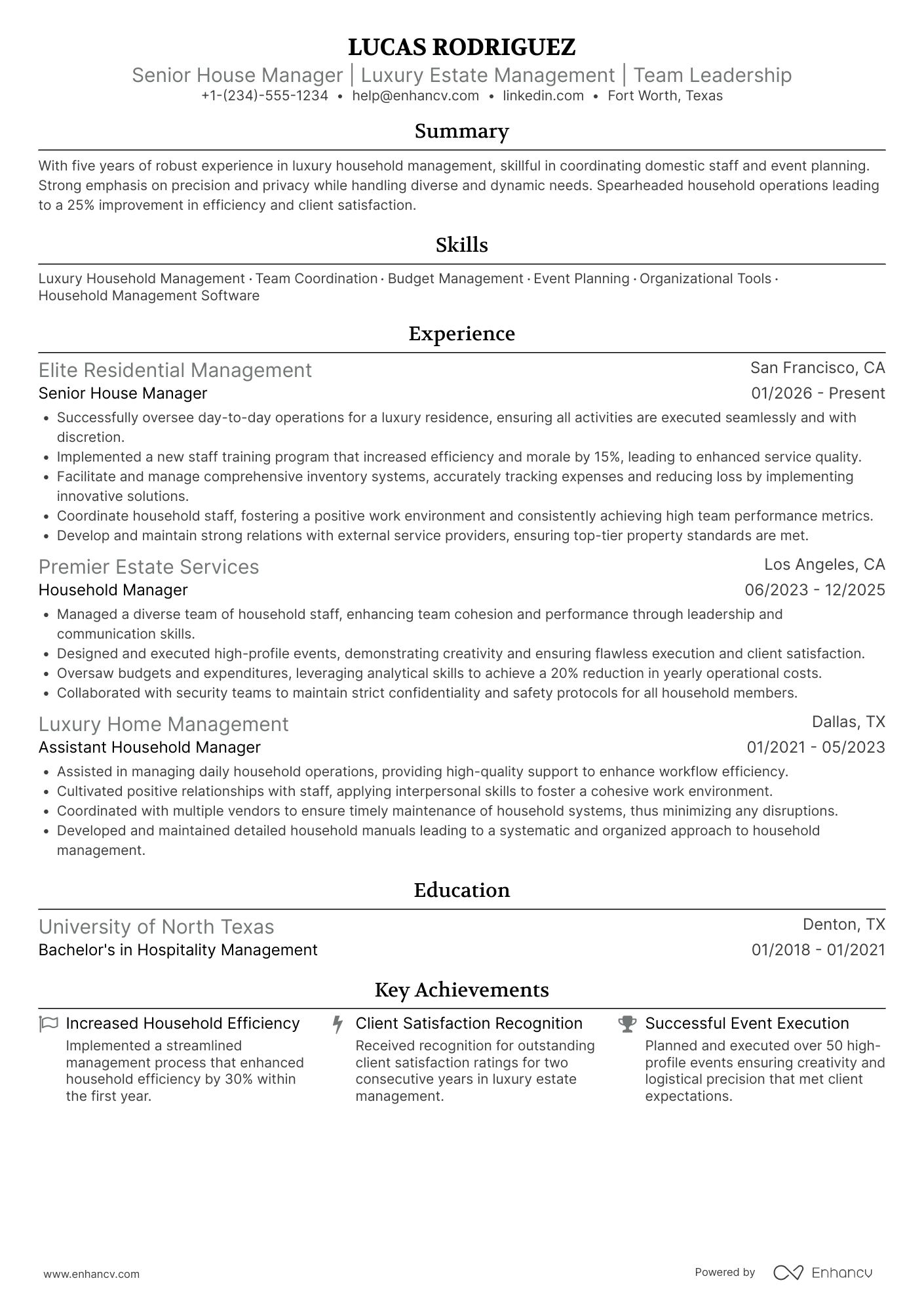 Senior House Manager Resume Example