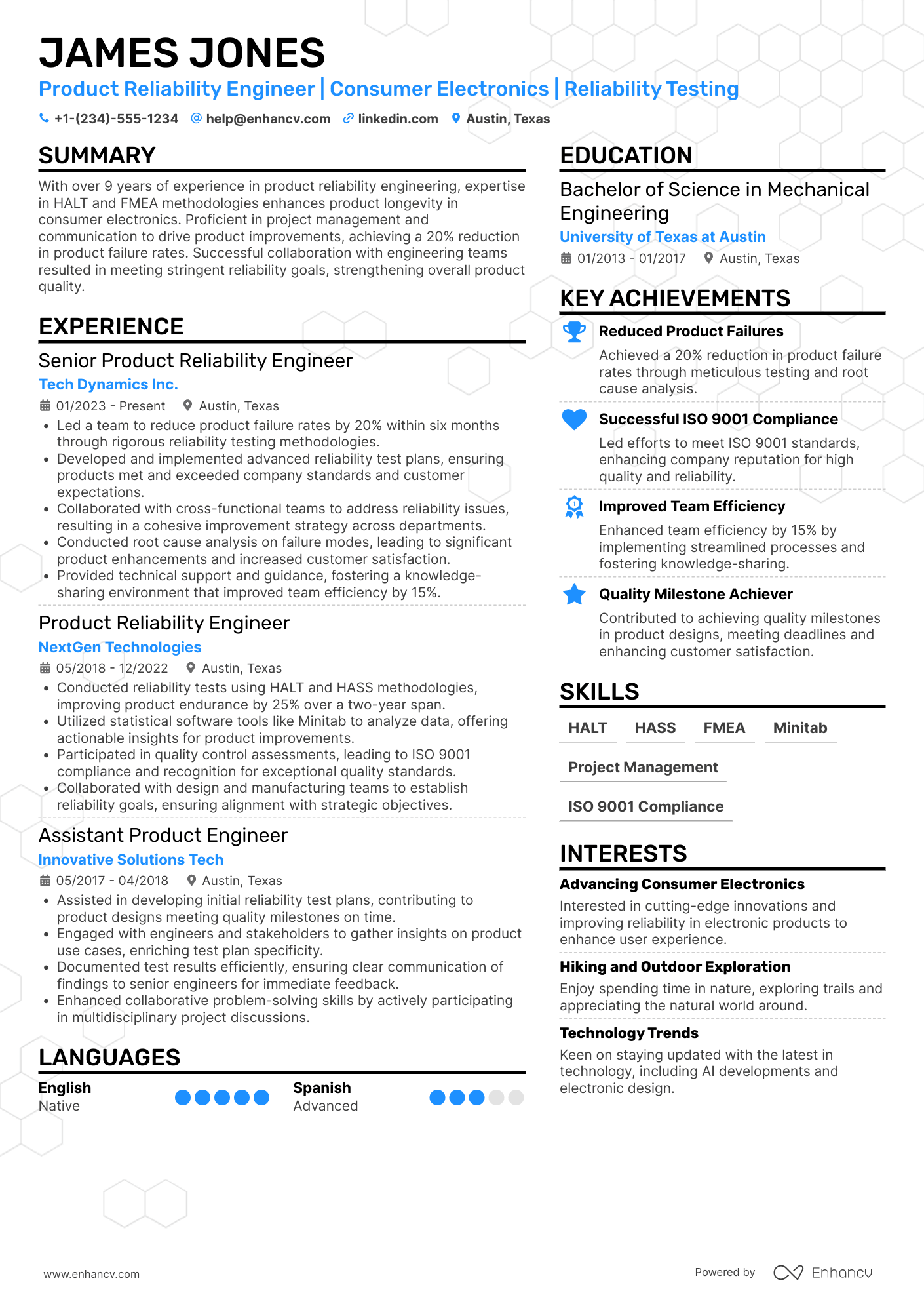 Product Reliability Engineer Resume Example