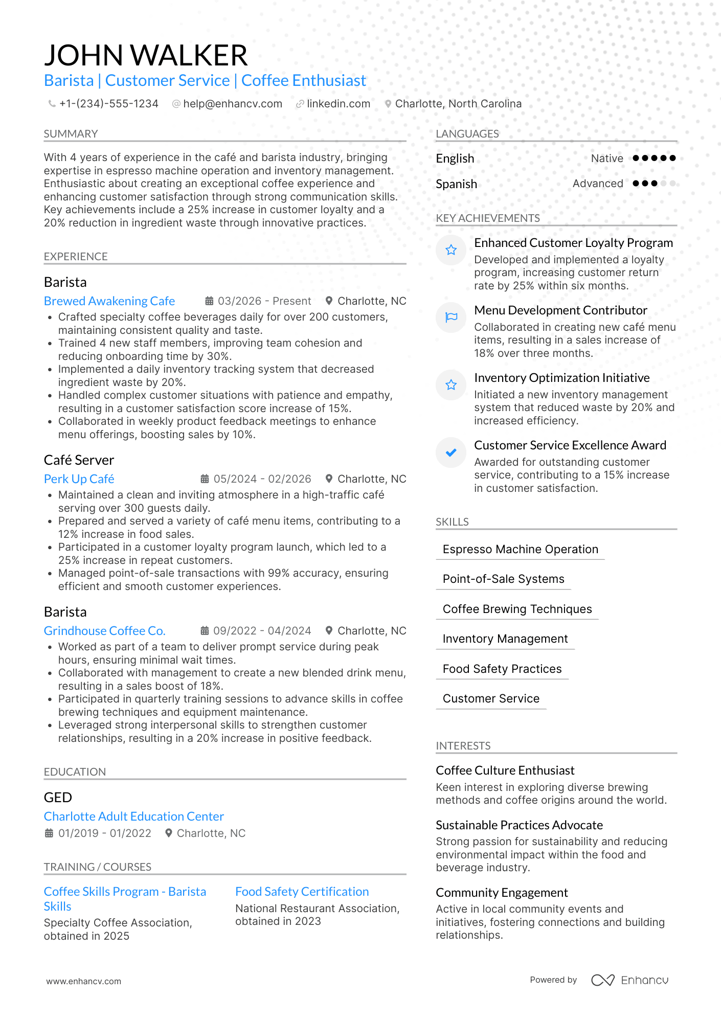 Barista and Caf�� Server Resume Example