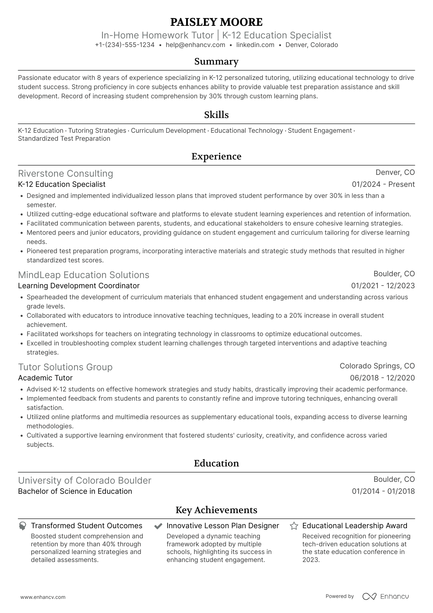 In Home Homework Tutor Resume Example