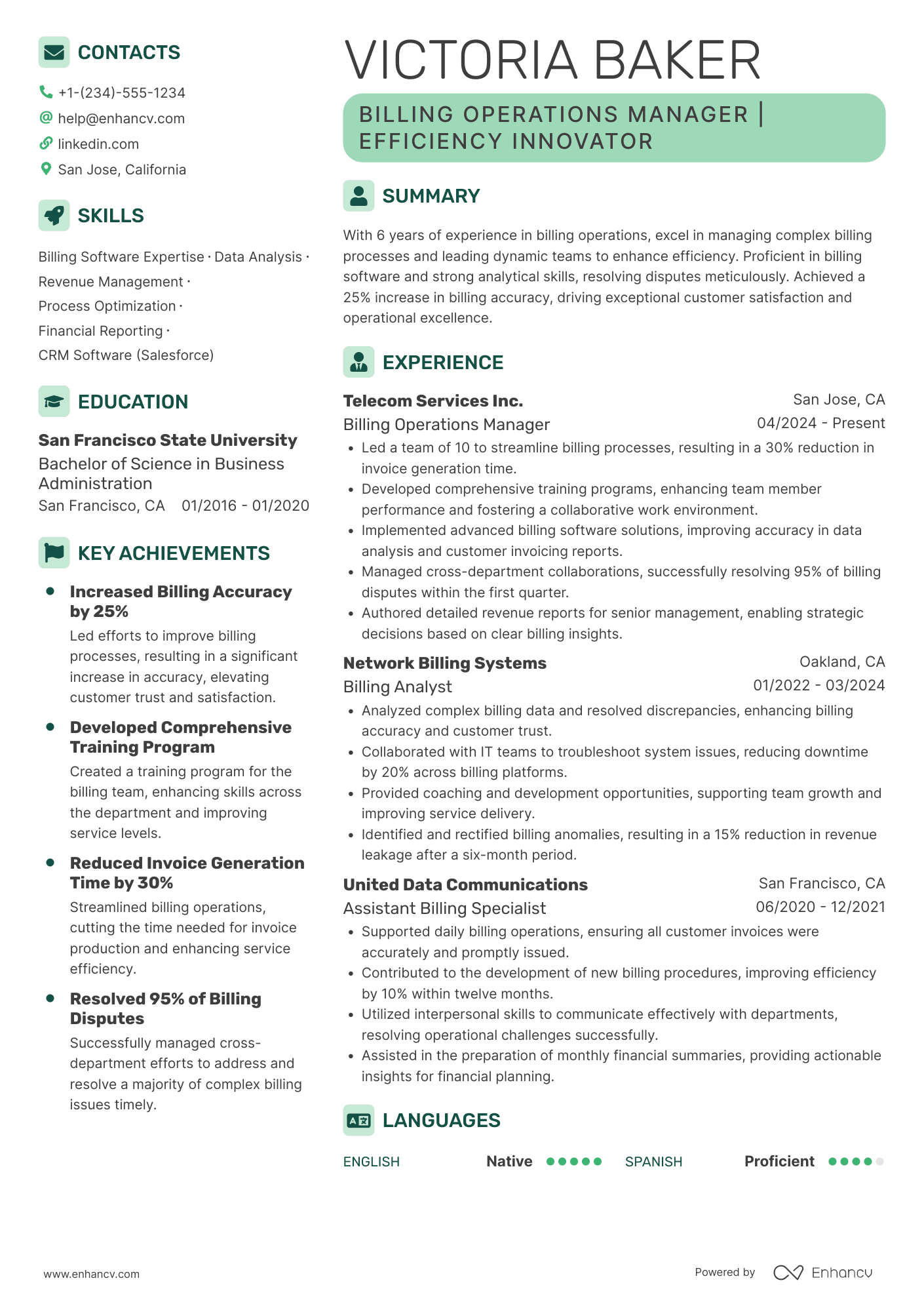 Telecommunications Billing Manager Resume Example