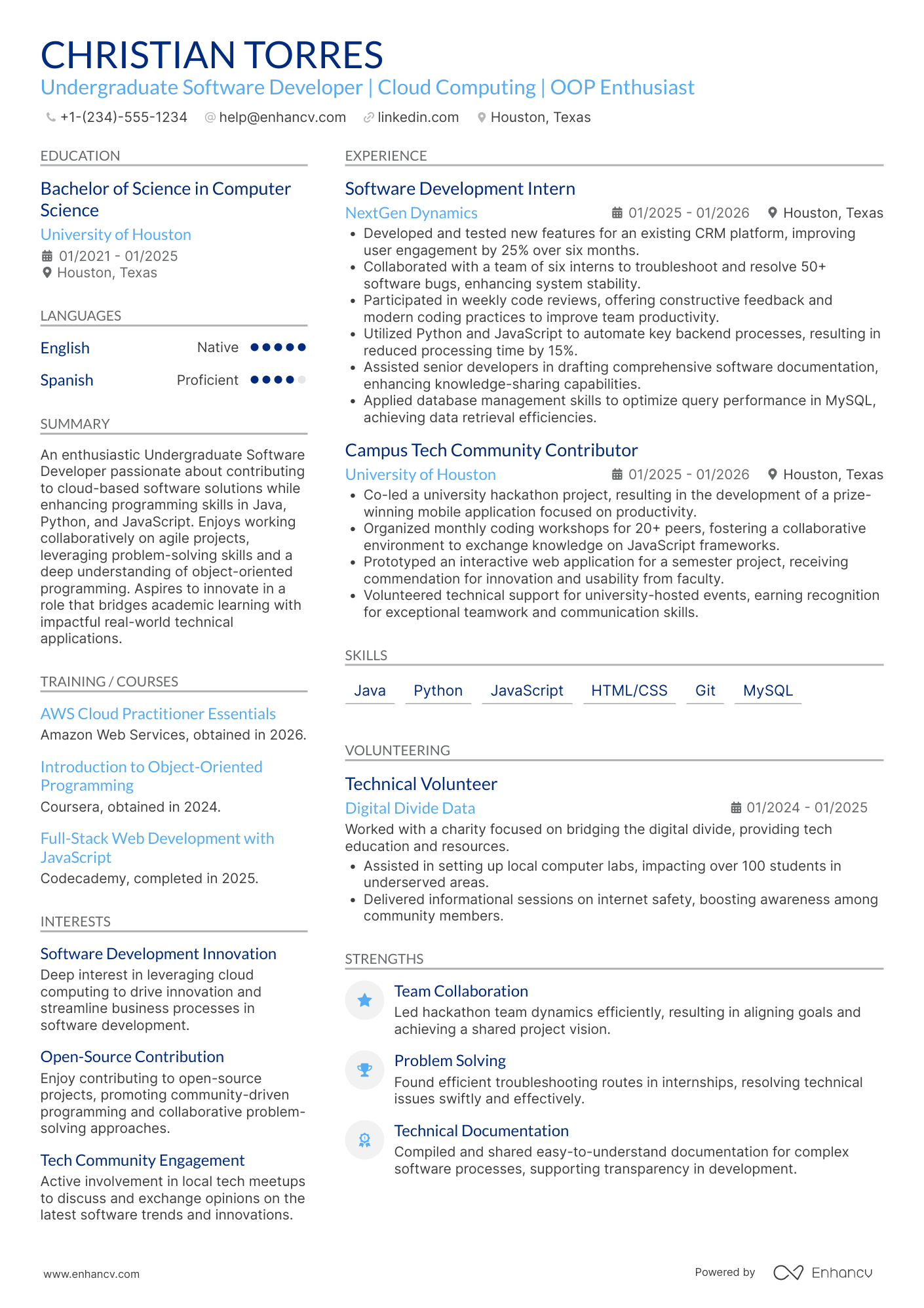 Undergraduate Software Developer Resume Example