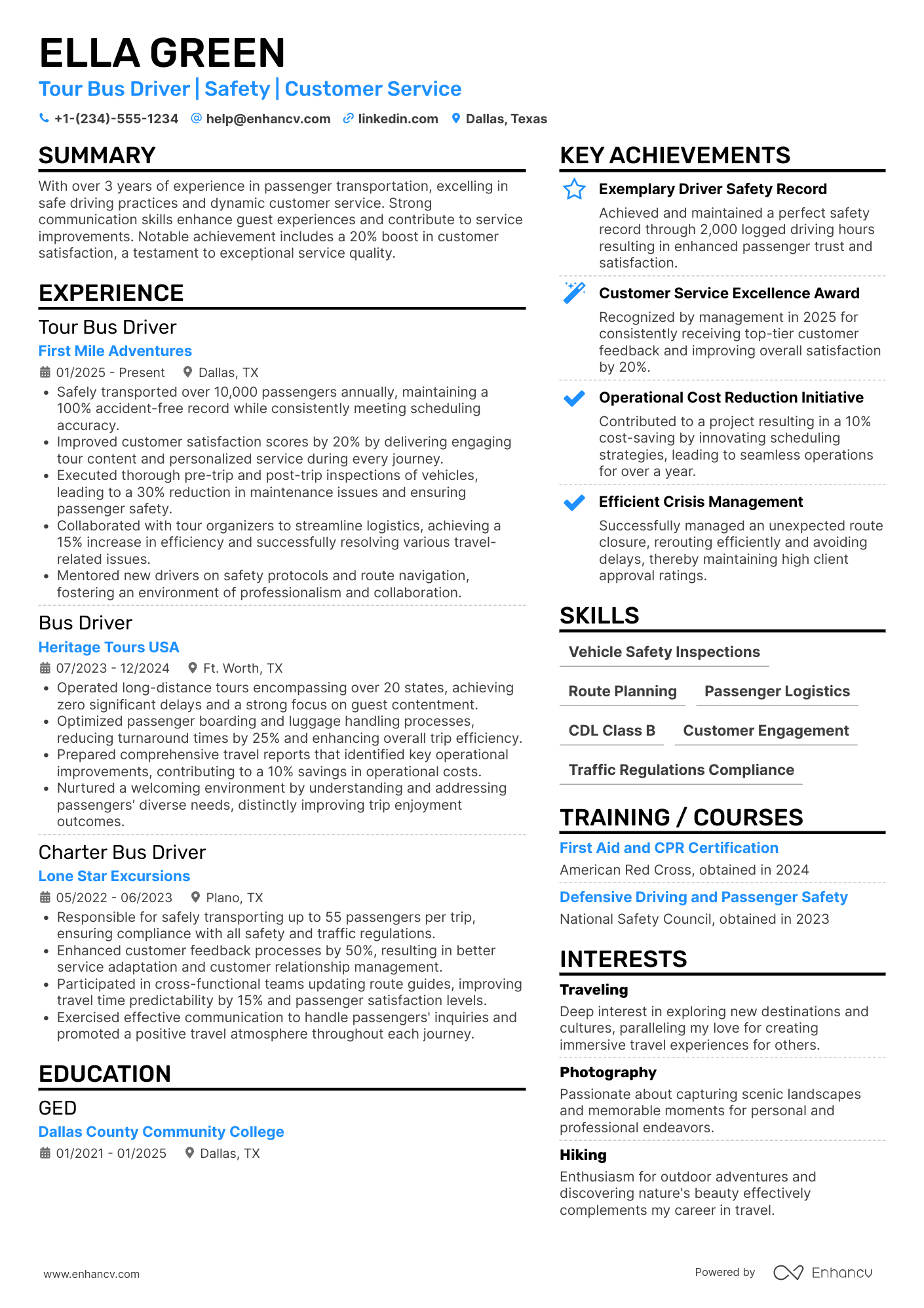 Tour Bus Driver Resume Example