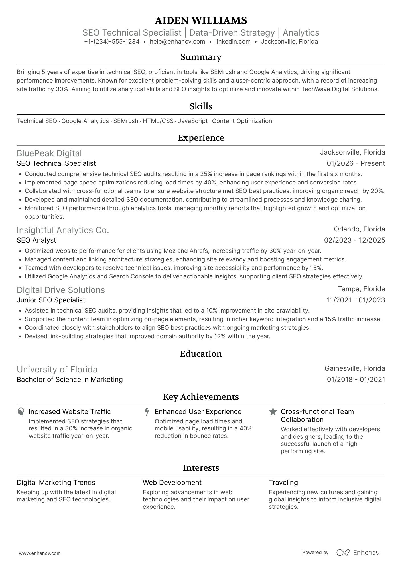 SEO Technical Specialist Resume Example