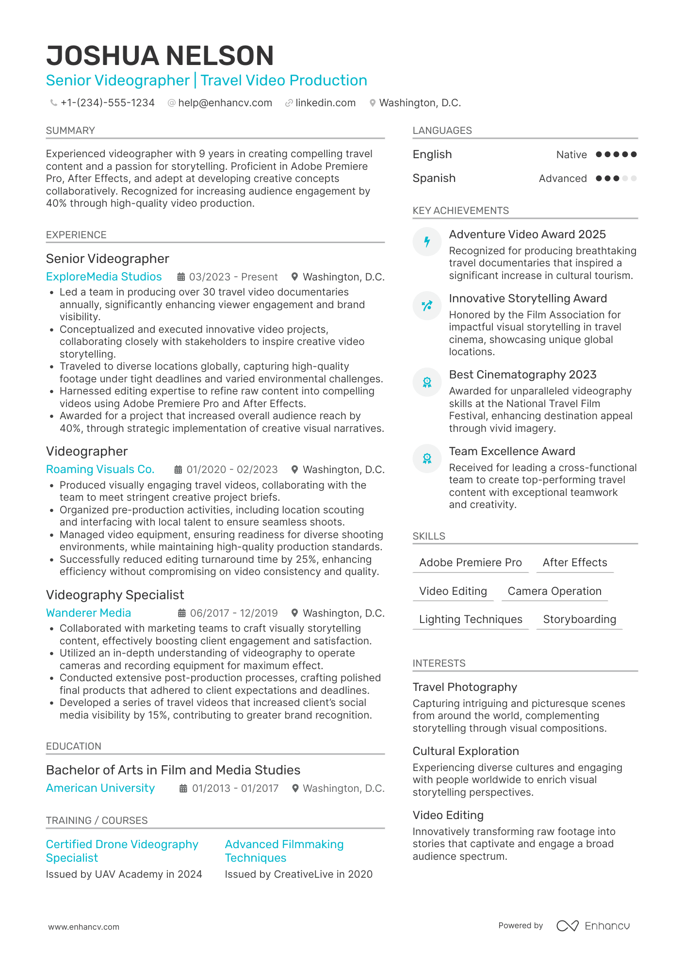 Travel Videographer Resume Example