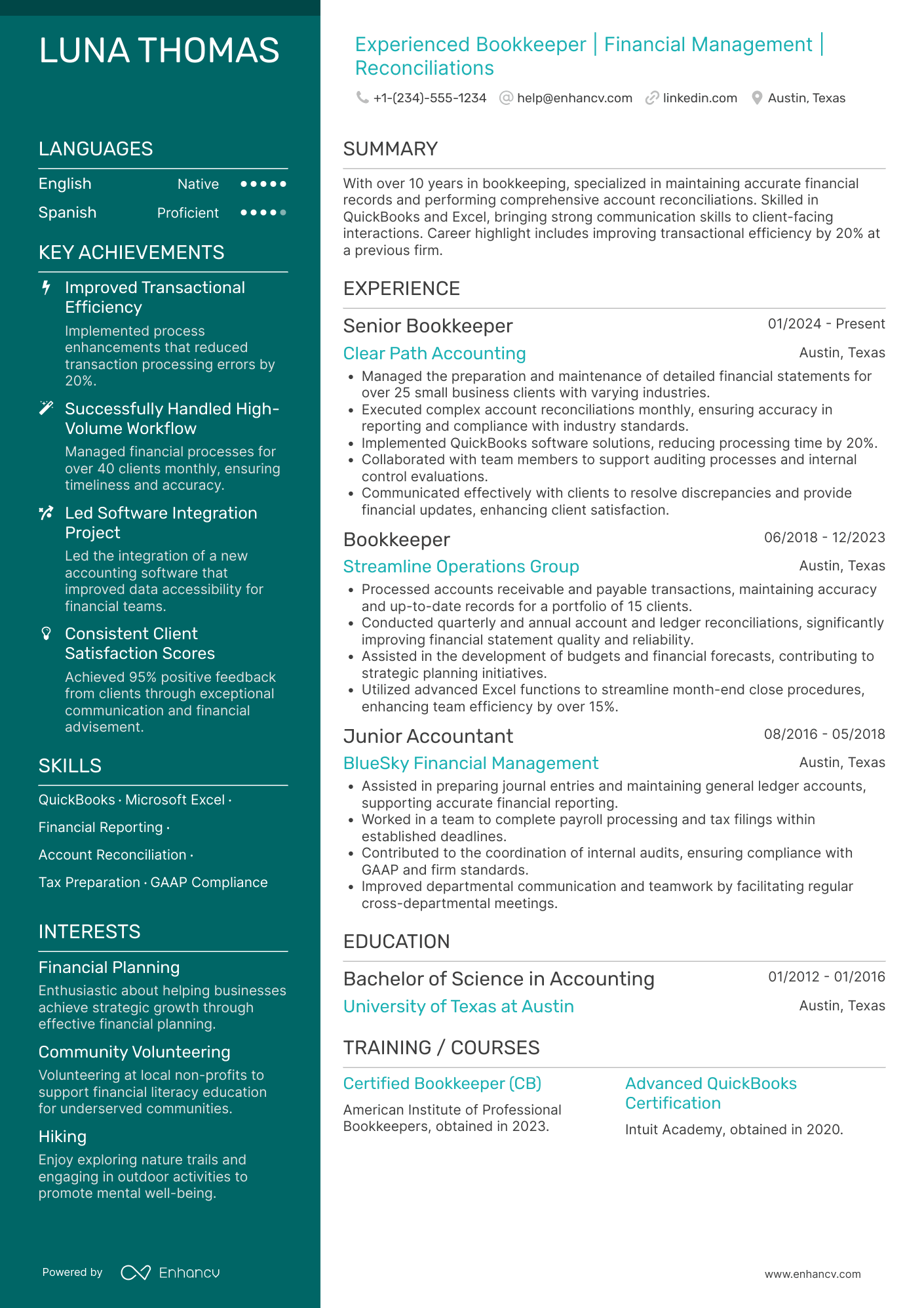 Experienced Bookkeeper Resume Example