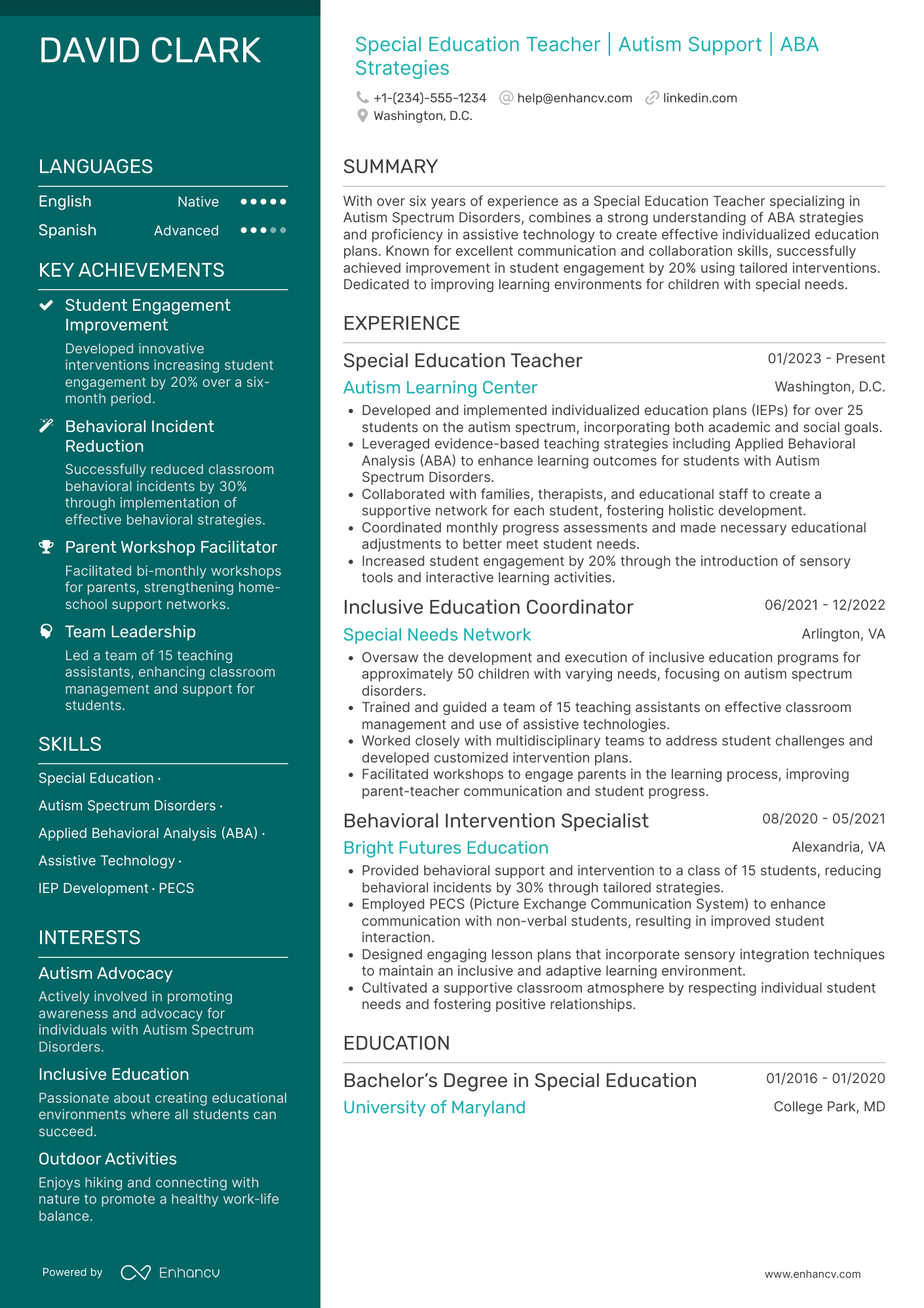 Special Education Teacher for Autism Spectrum Disorders Resume Example