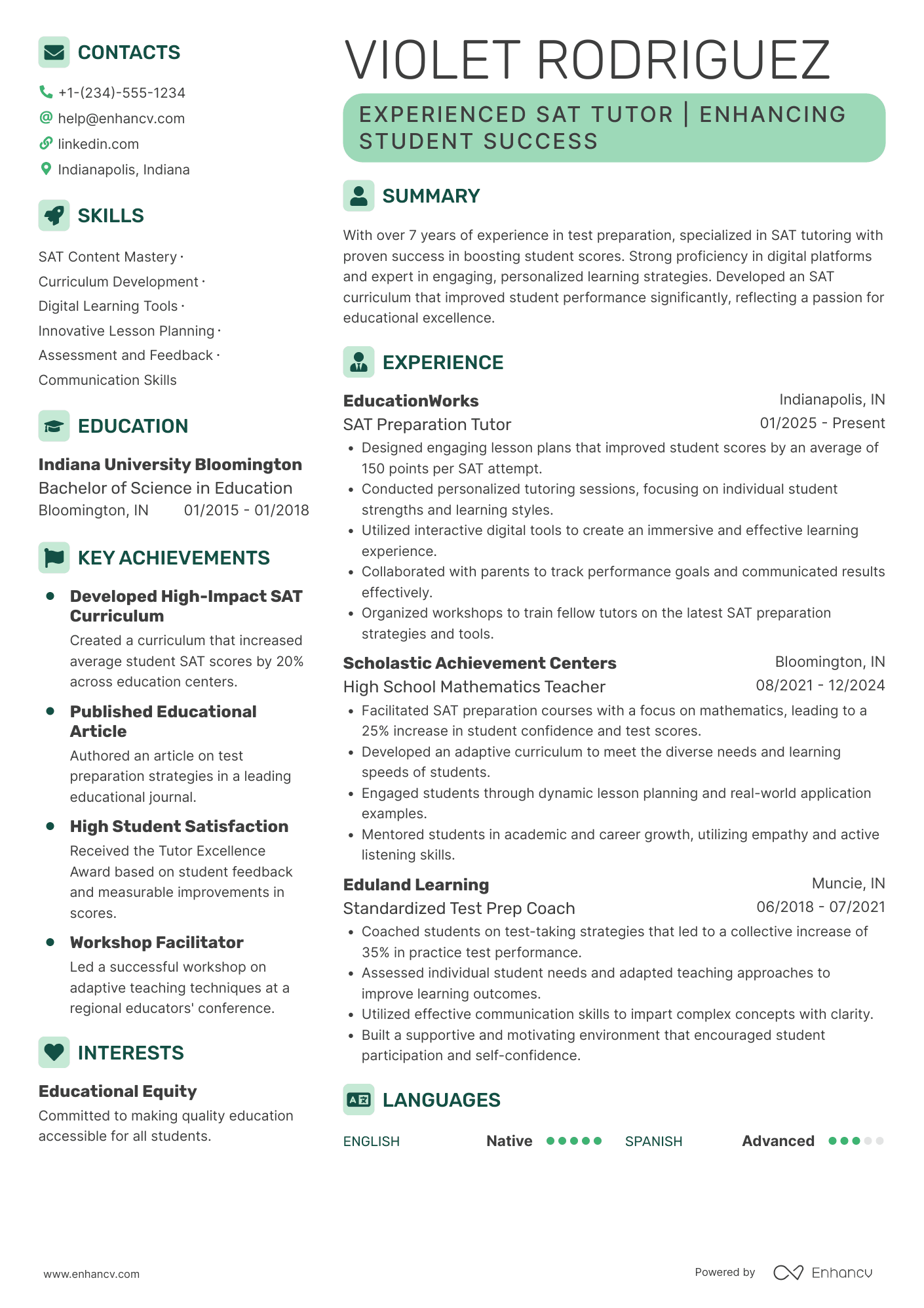 SAT Preparation Tutor Resume Example