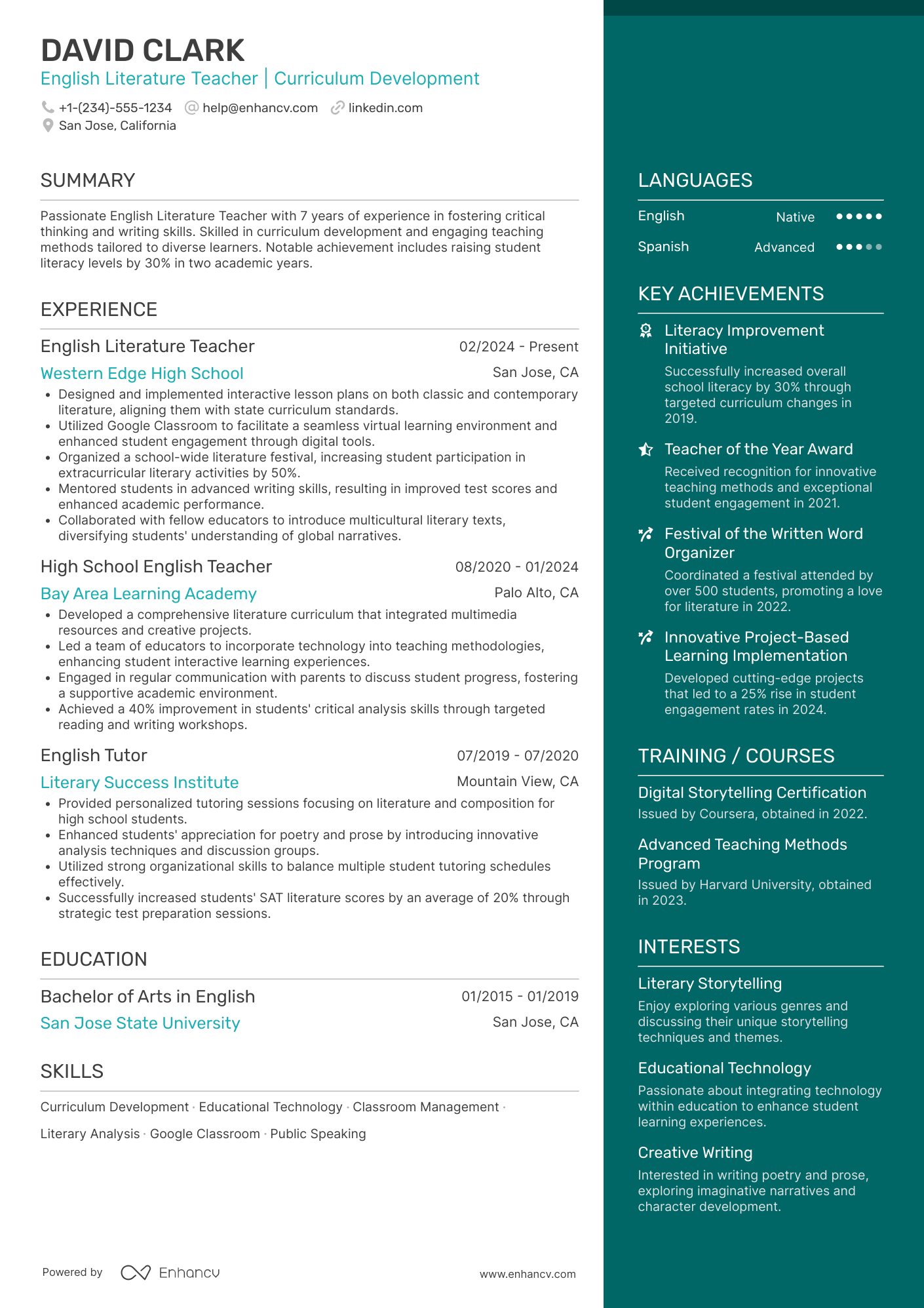 English Literature Teacher Resume Example