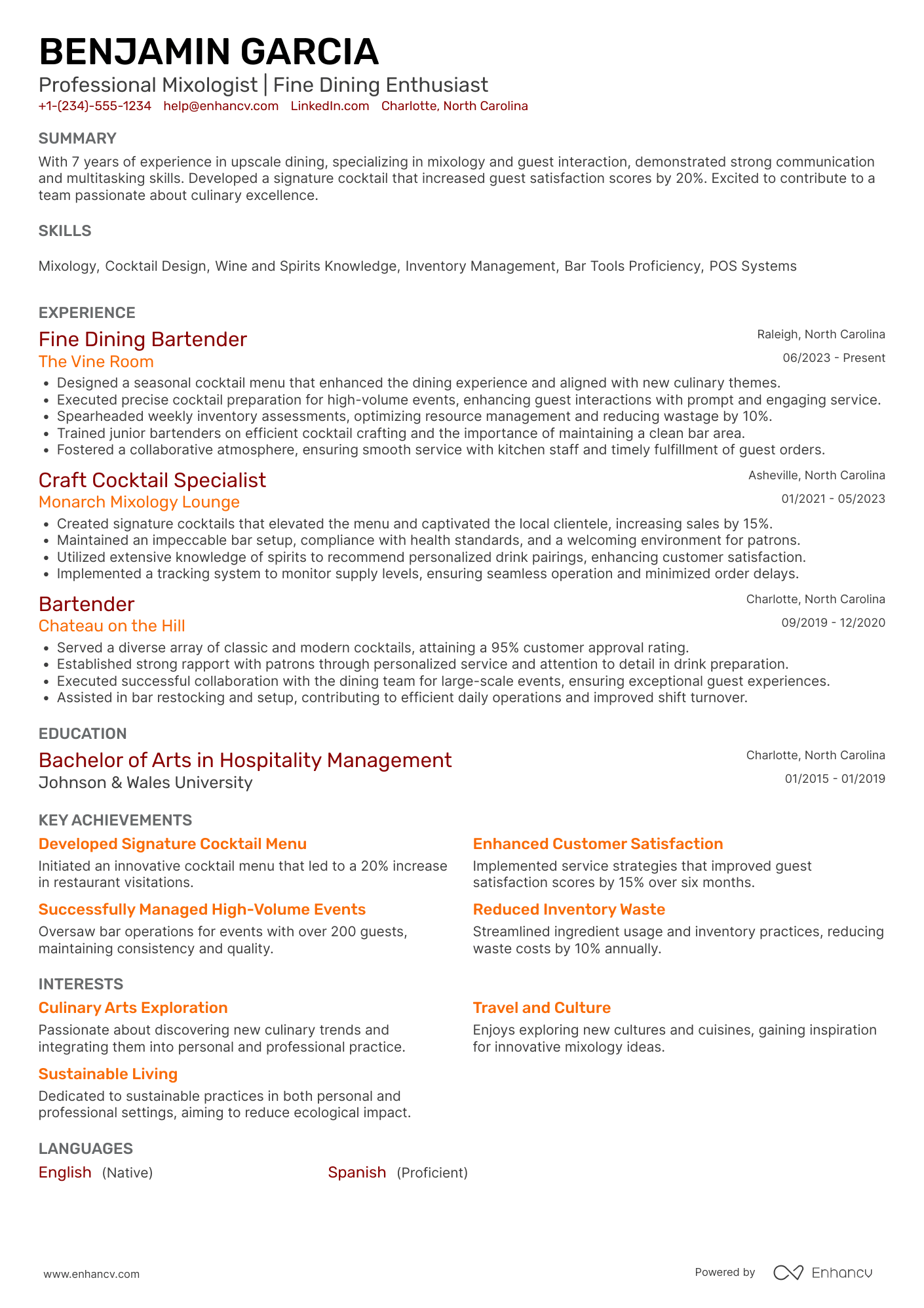 Fine Dining Bartender Resume Example