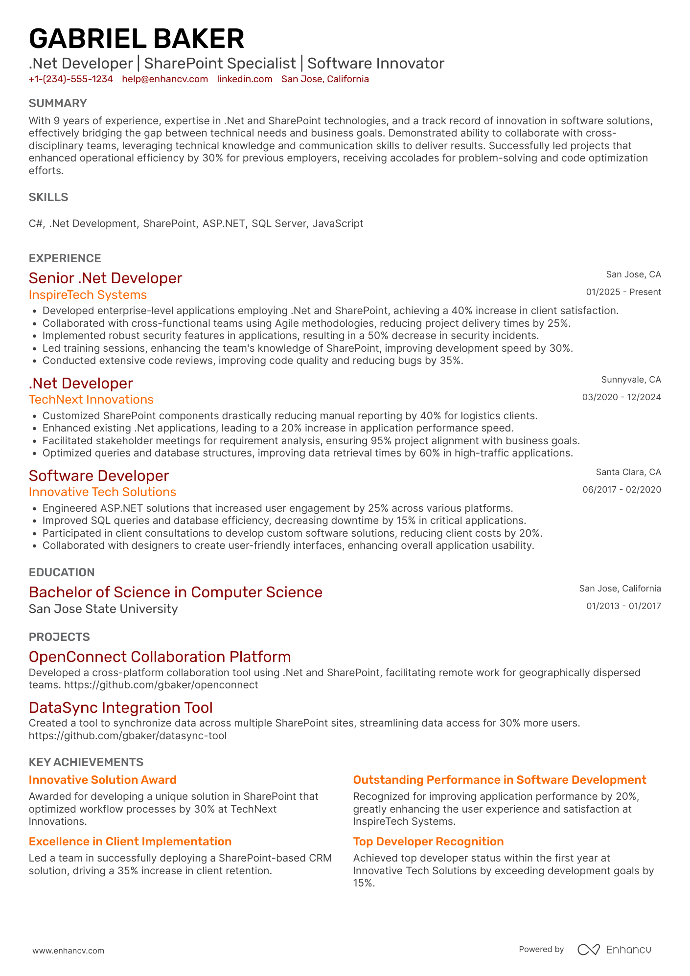 .Net Developer with Sharepoint Experience Resume Example