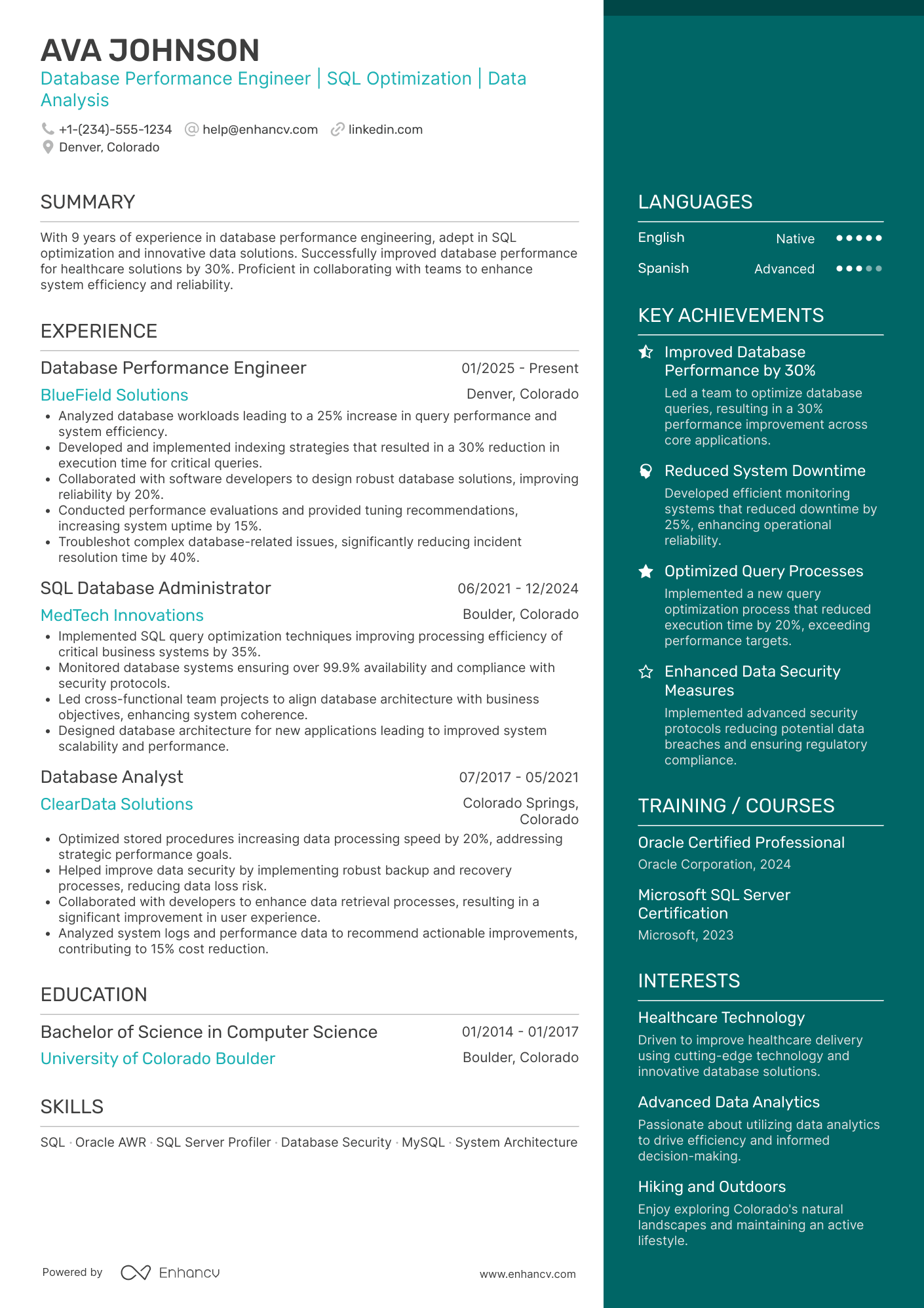 Database Performance Engineer Resume Example