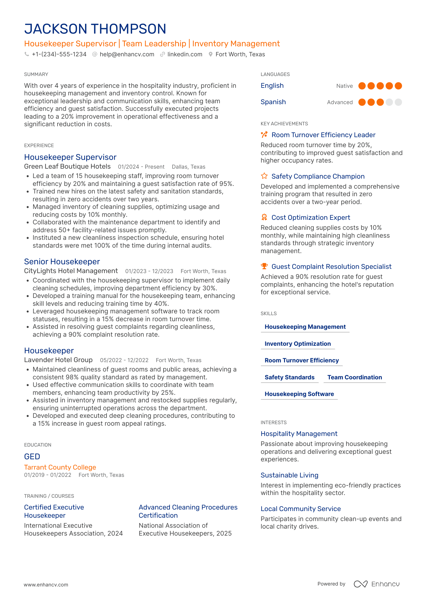 Housekeeper Supervisor Resume Example