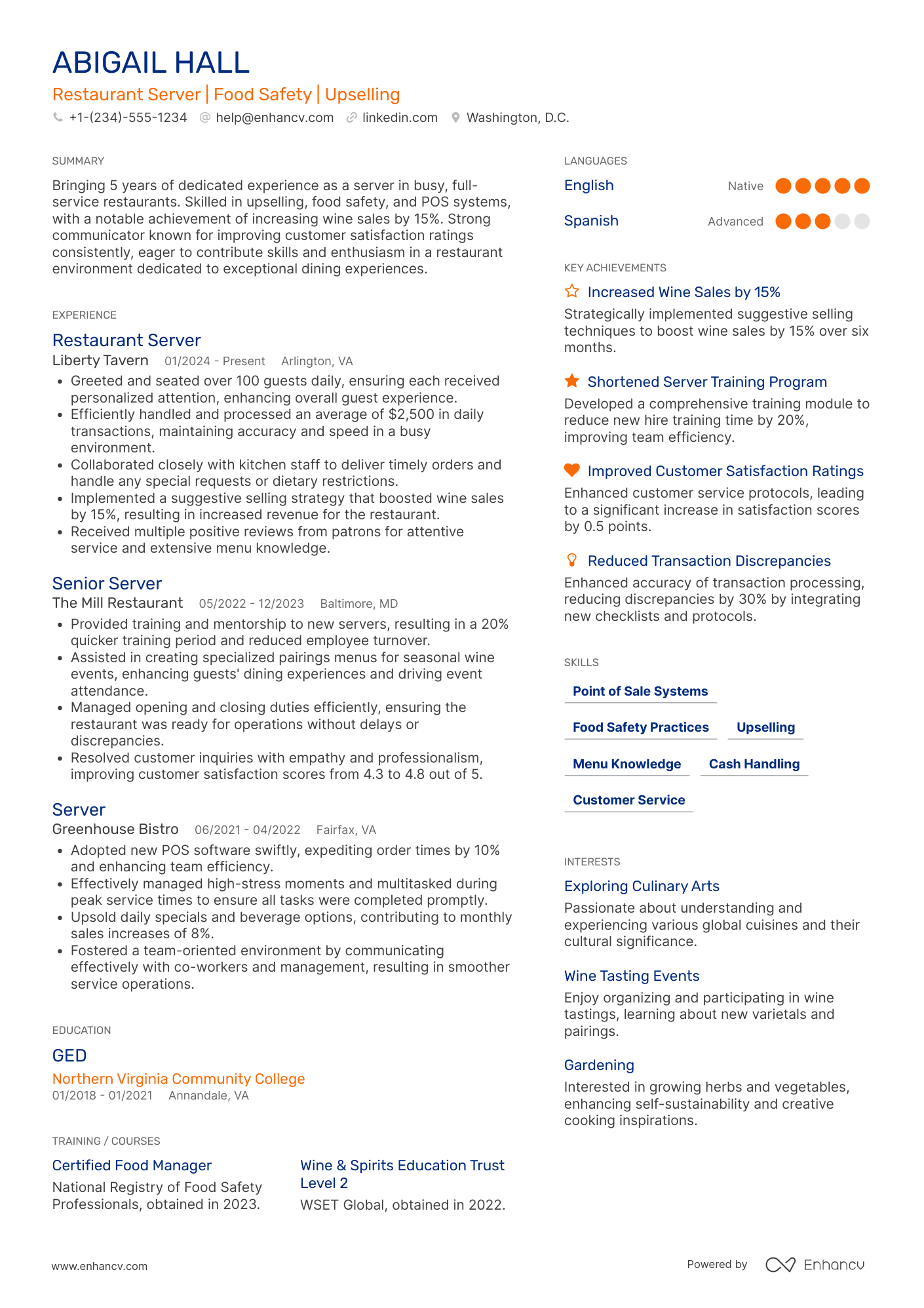 Restaurant Server Resume Example