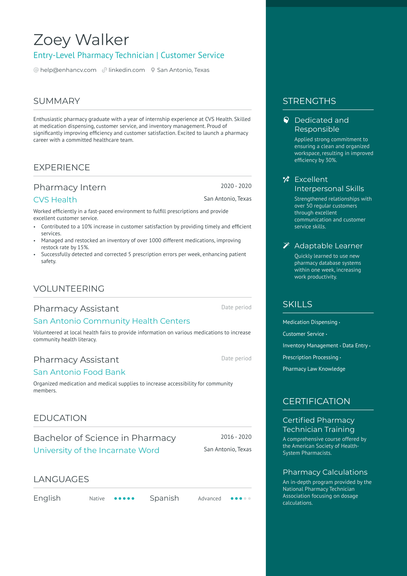 Entry Level Pharmacy Technician Resume Example