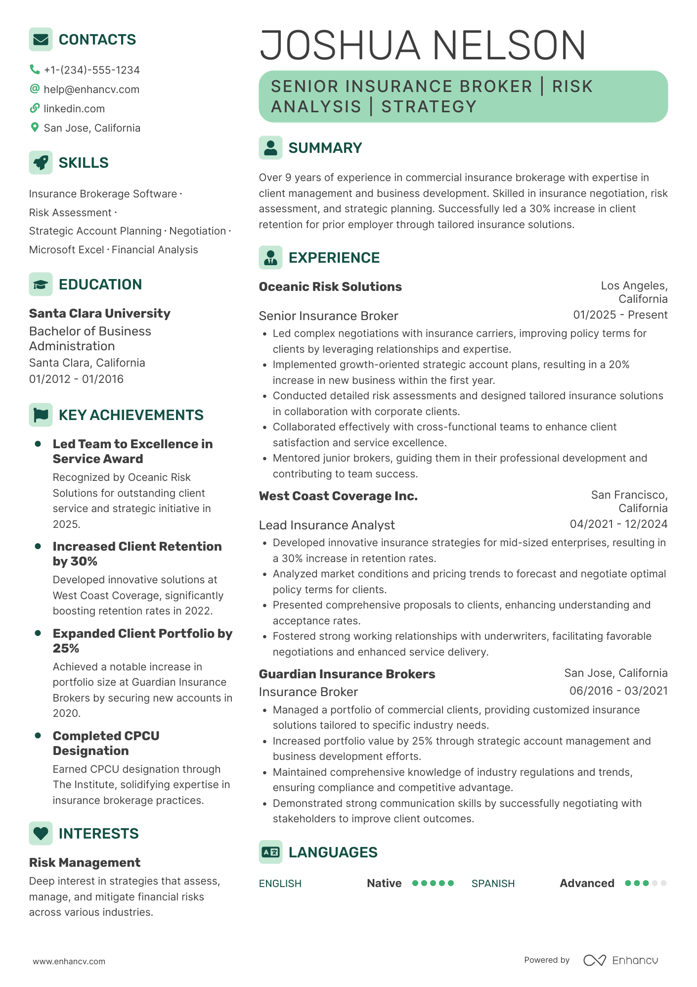 Senior Insurance Broker Resume Example