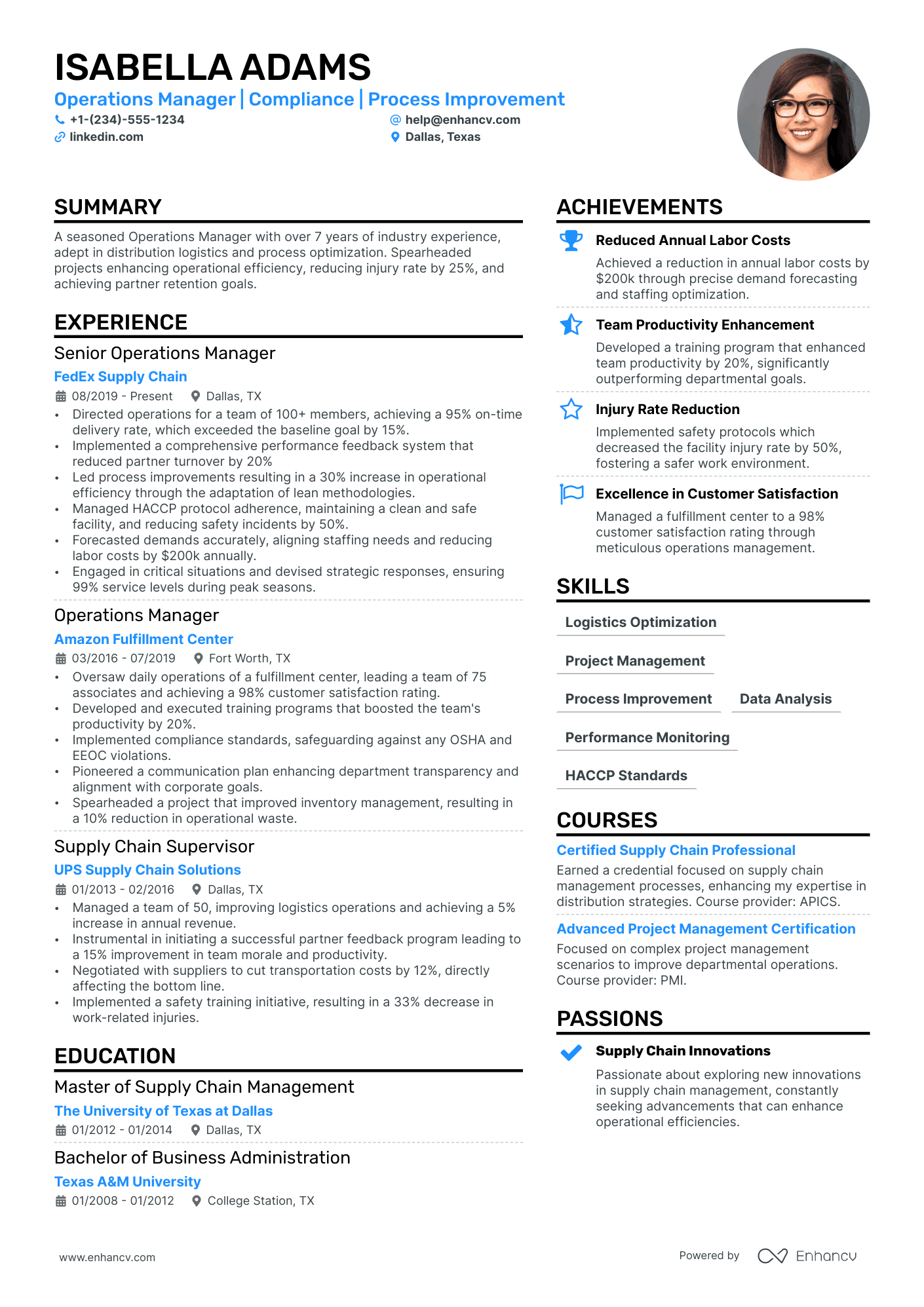 Transportation Operations Manager Resume Example