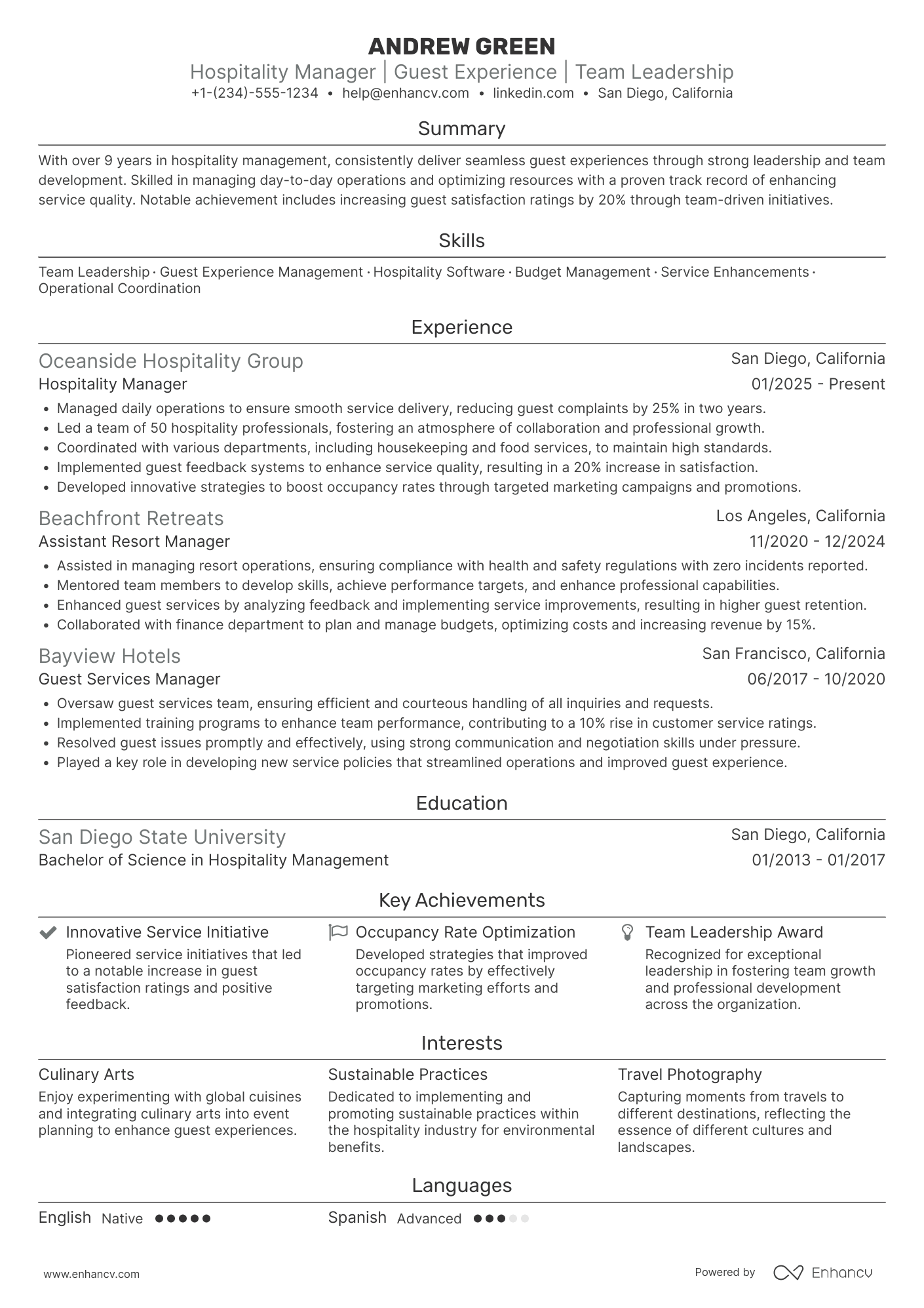 Hospitality Manager Resume Example