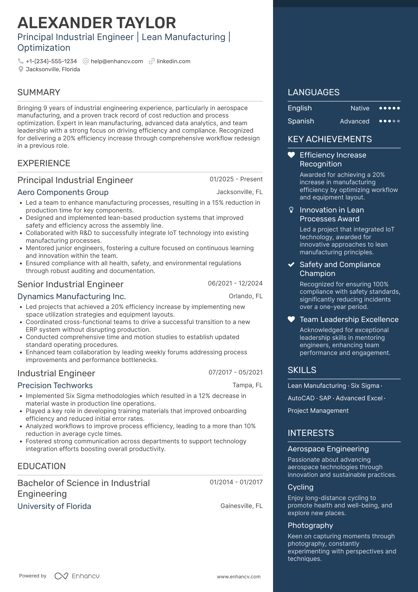 Principal Industrial Engineer Resume Example