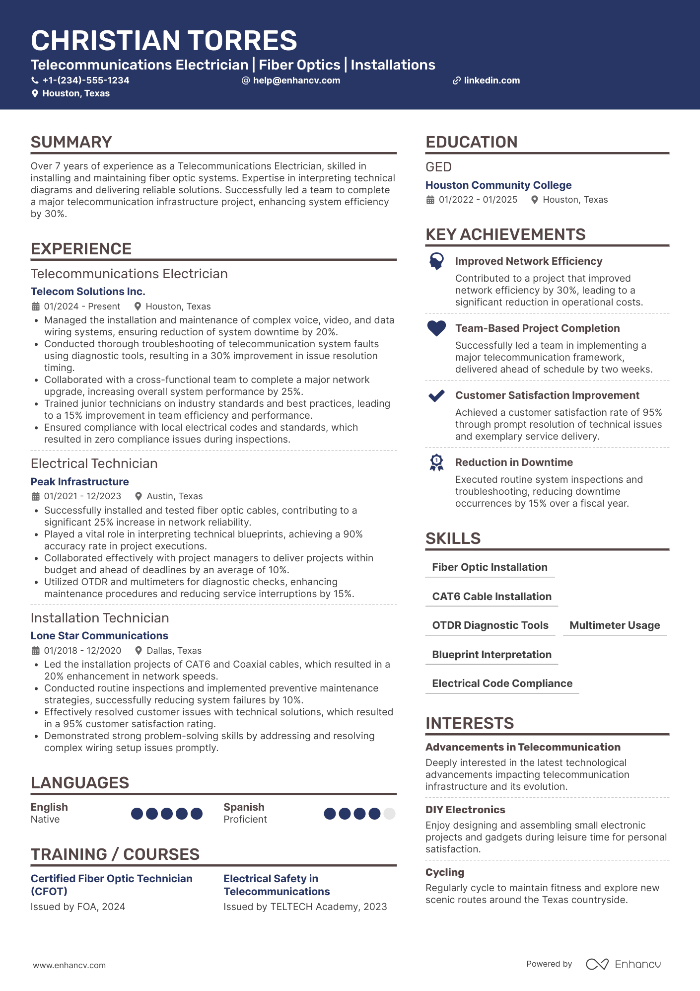 Telecommunications Electrician Resume Example