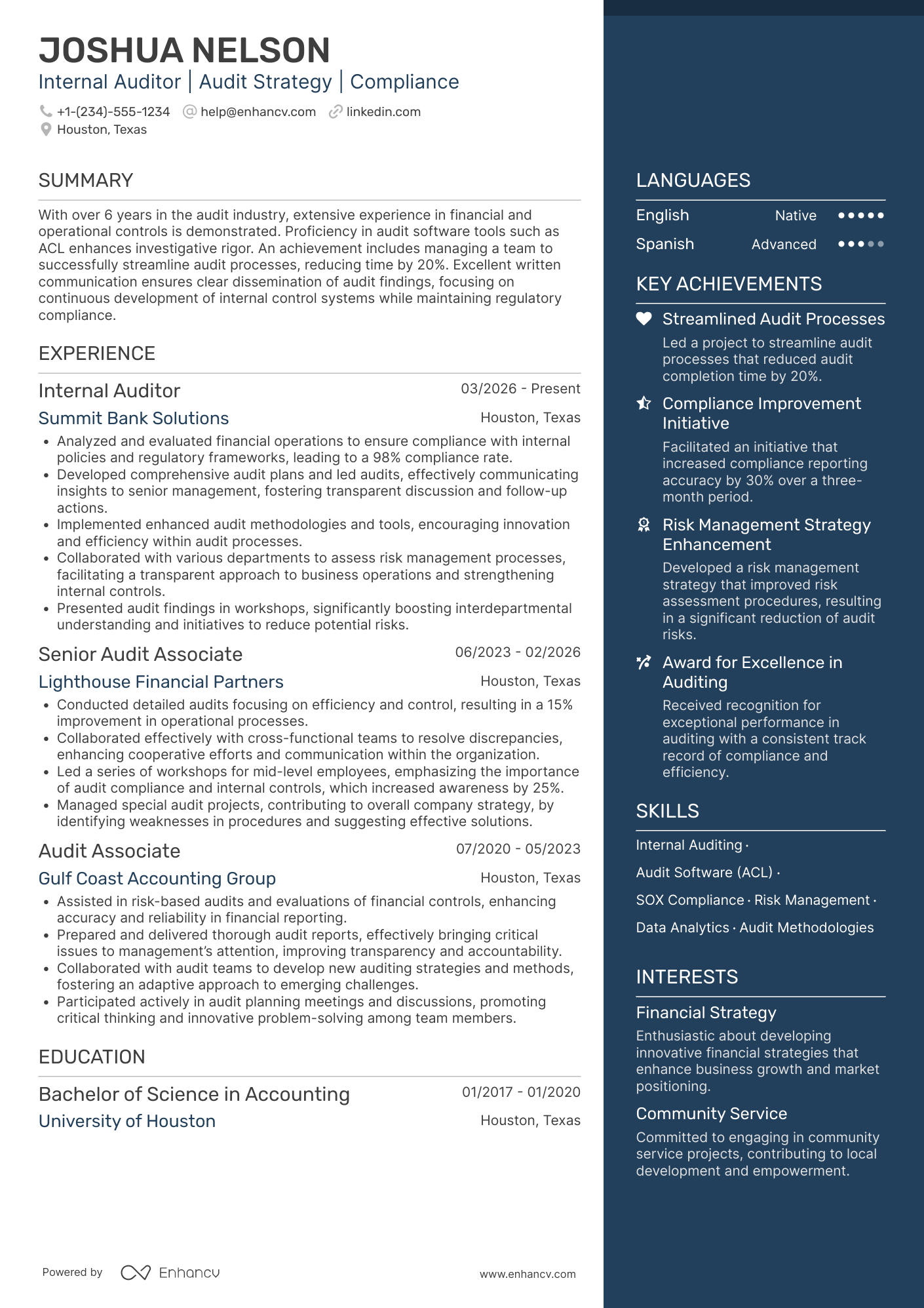 Internal Auditor Resume Example