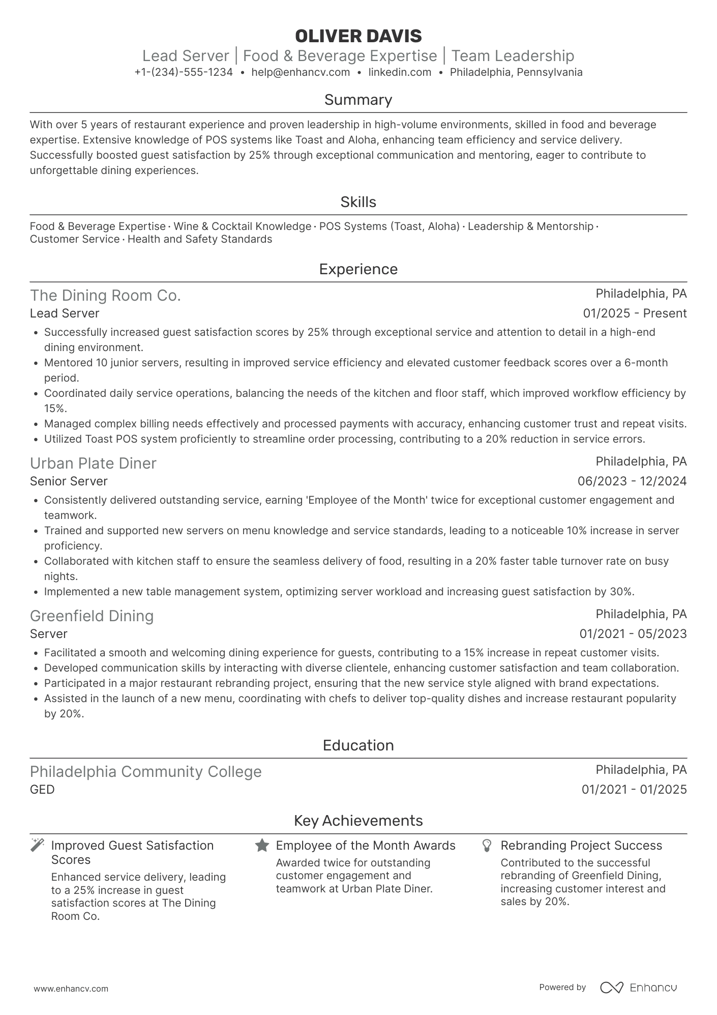 Lead Server Resume Example