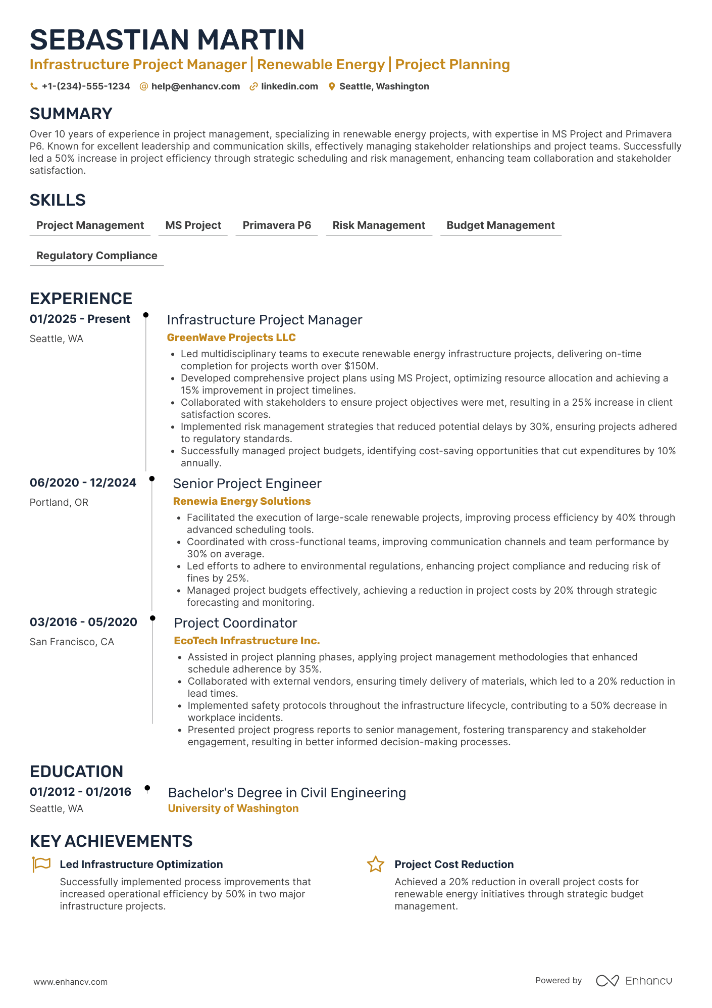 Infrastructure Project Manager Resume Example