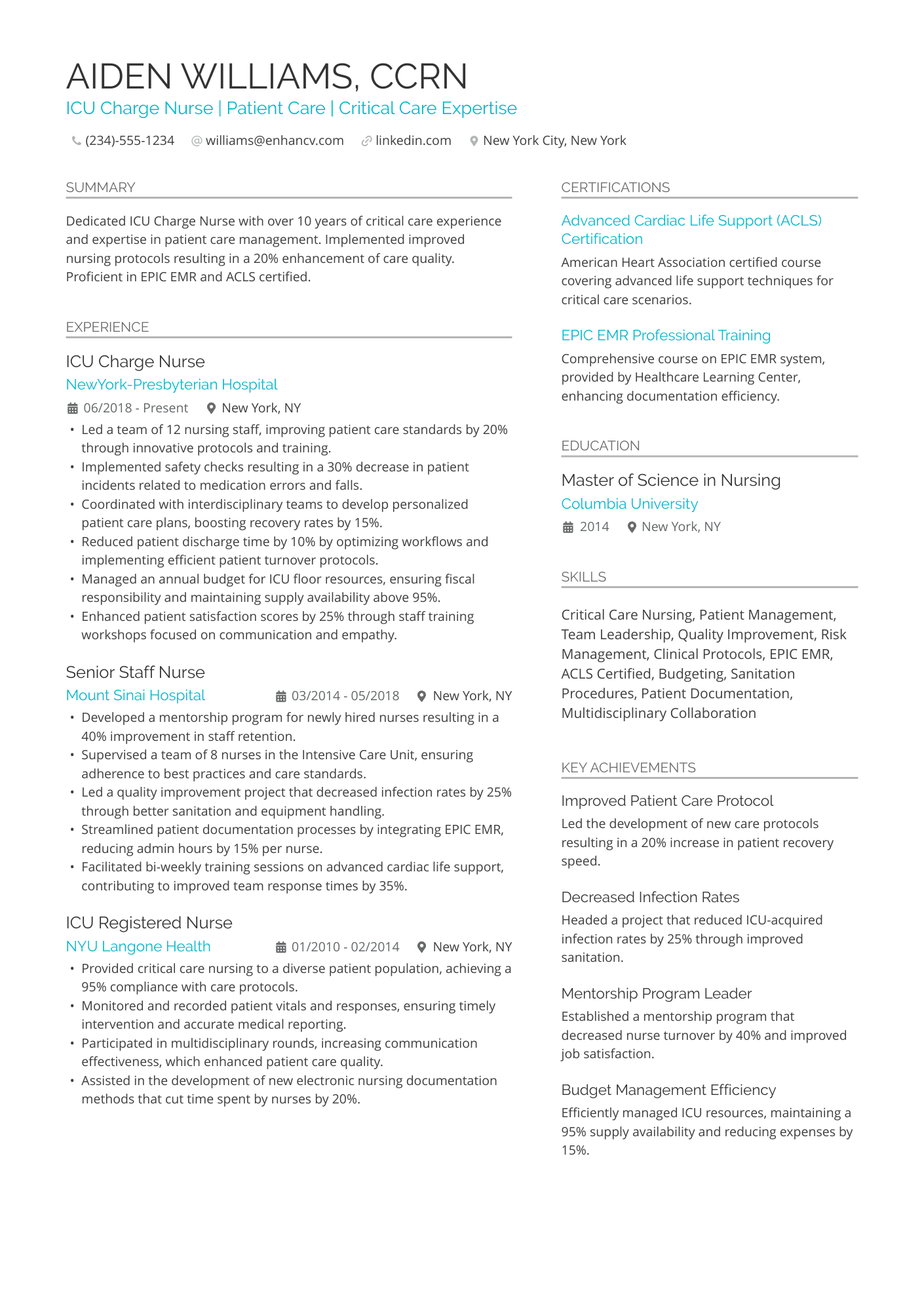 ICU Charge Nurse Resume Example